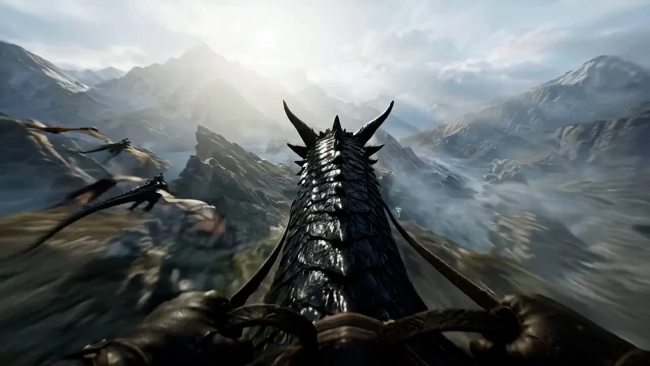 First-person view from the back of a black dragon flying through misty mountains in a Genie 4 demo, as taken from Google DeepMind's Genie 4 page