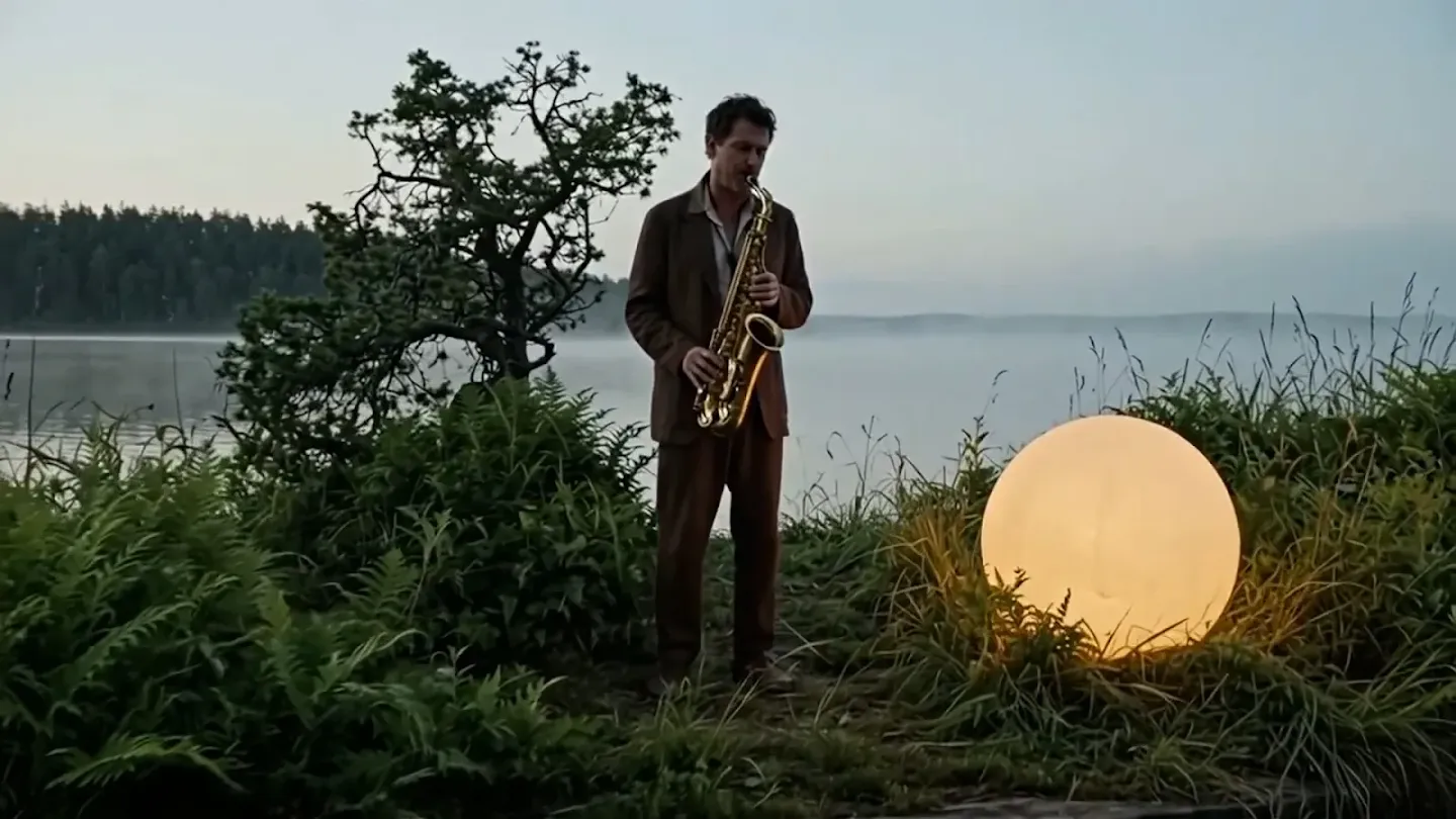 Genie 4 demo frame of a man playing saxophone on a floating platform beside a glowing amber sphere on a misty lake, as taken from Google DeepMind's Genie 4 page