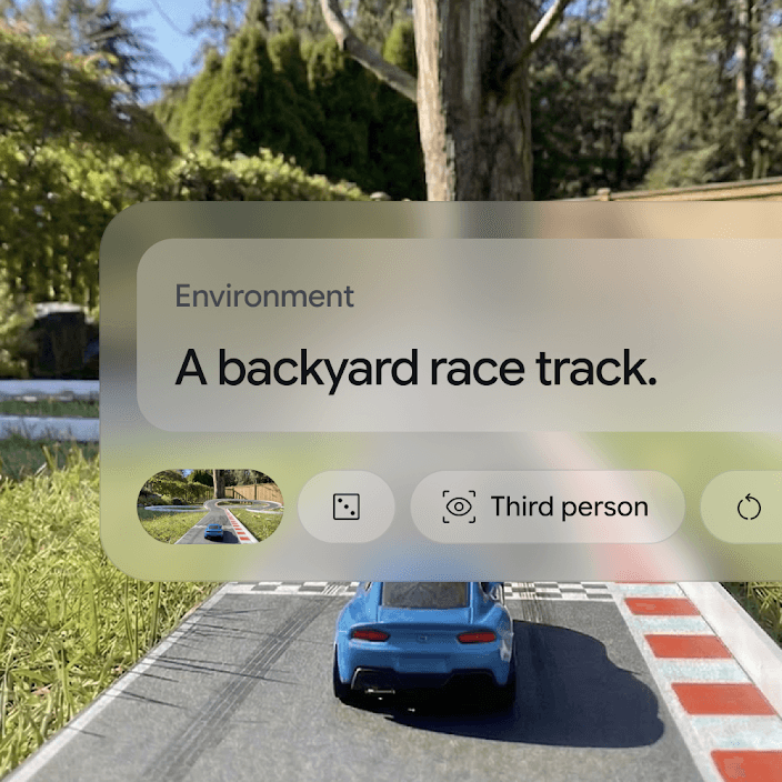 Project Genie interface with an "A backyard race track" environment prompt and a third-person toggle over a blue car on a track, as taken from Google DeepMind