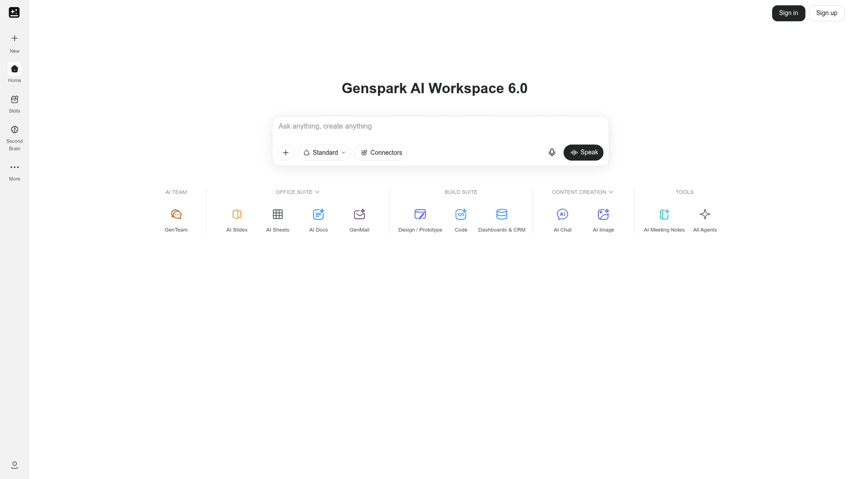 The Genspark AI Workspace home screen with its Slides, Sheets, Docs and Code agents, as taken from Genspark