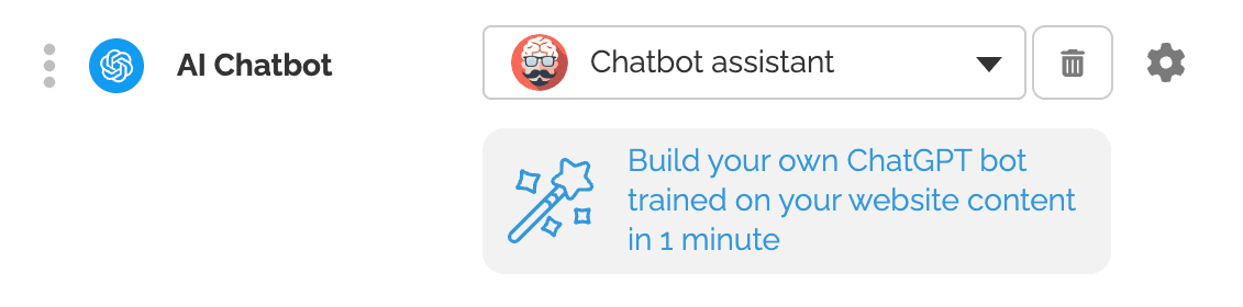 The AI Chatbot row in GetButton's button builder with a Chatbot assistant dropdown and a prompt to build your own ChatGPT bot trained on your website content in 1 minute, as taken from GetButton's help center