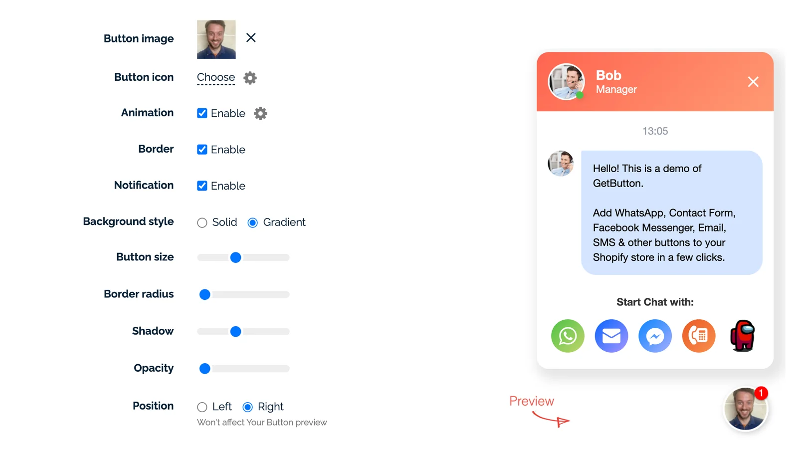 GetButton's button settings for image, icon, animation, border, notification, background, size, radius, shadow, opacity and position next to a live preview greeting from Bob, Manager, as taken from the Shopify App Store