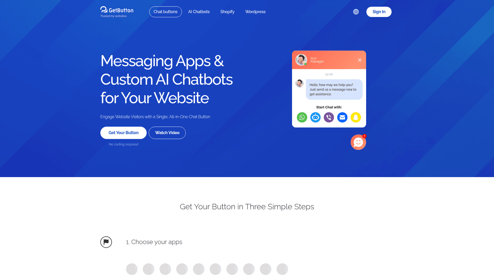 GetButton's homepage with the headline Messaging Apps and Custom AI Chatbots for Your Website and a greeting popup from Bob, Manager, offering WhatsApp, an AI bot, Viber, email and Snapchat, as taken from getbutton.io