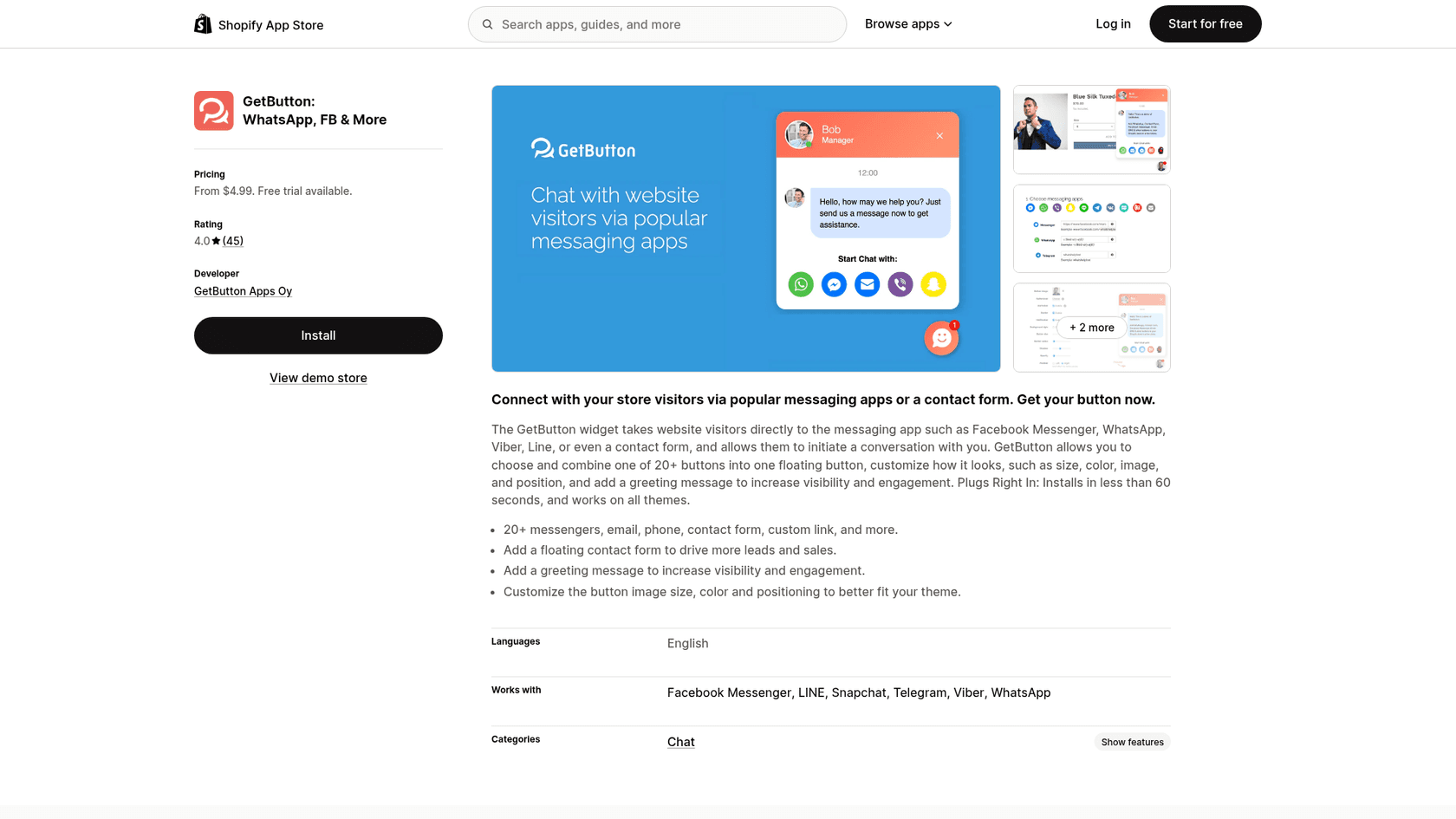 GetButton's Shopify App Store listing showing pricing from $4.99 with a free trial, a 4.0 rating from 45 reviews and developer GetButton Apps Oy, as taken from the Shopify App Store