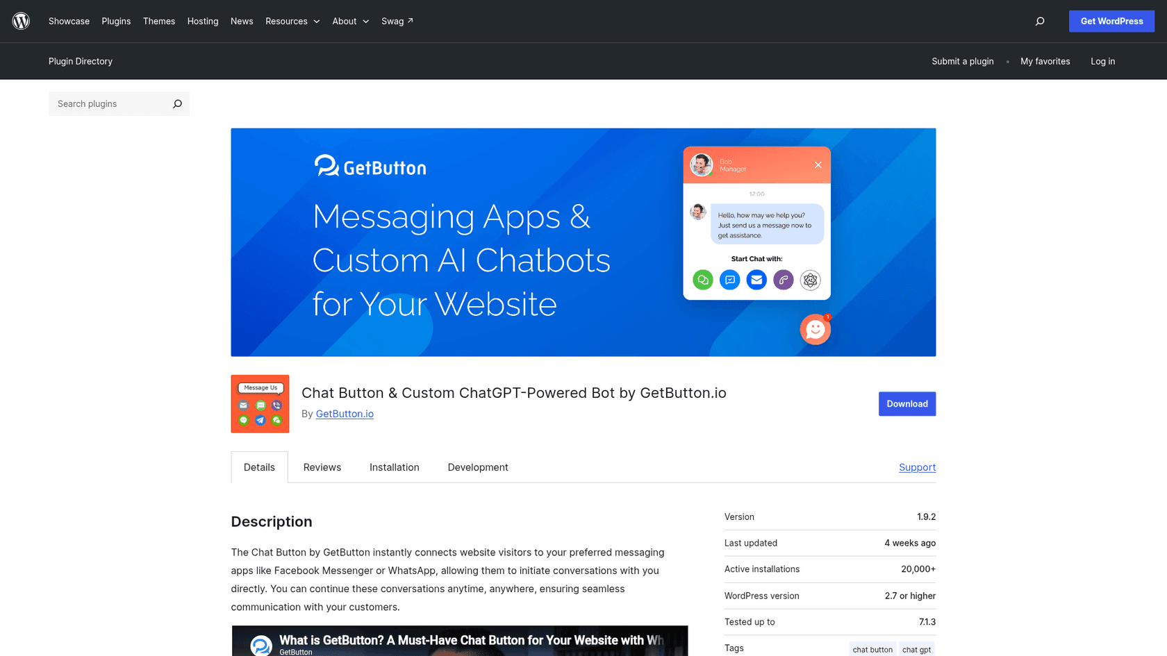 GetButton's WordPress.org plugin page for Chat Button and Custom ChatGPT-Powered Bot, showing version 1.9.2, last updated 4 weeks ago and 20,000+ active installations, as taken from WordPress.org