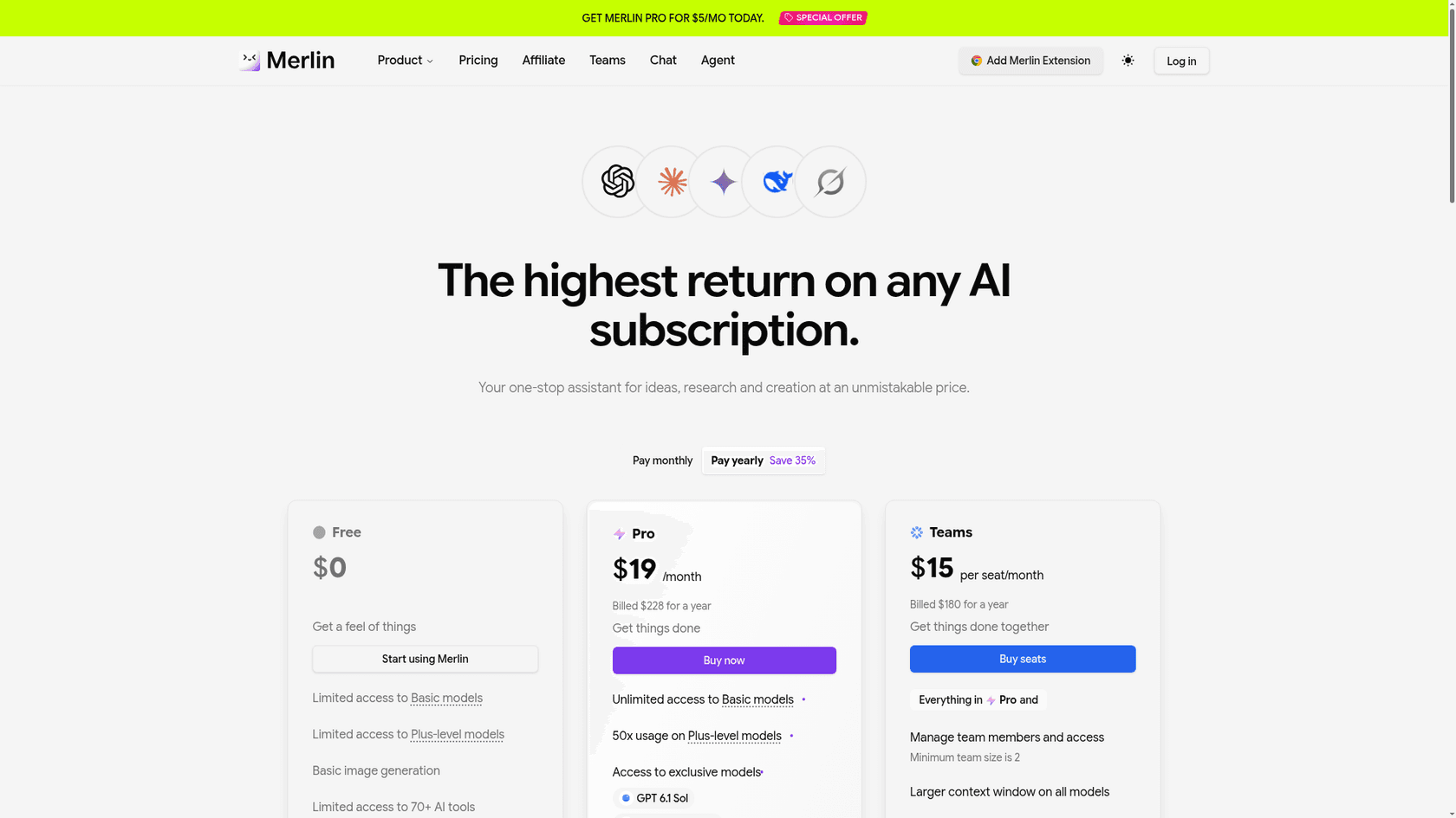 Merlin's pricing page showing the Free, Pro, and Teams plans, as taken from Merlin