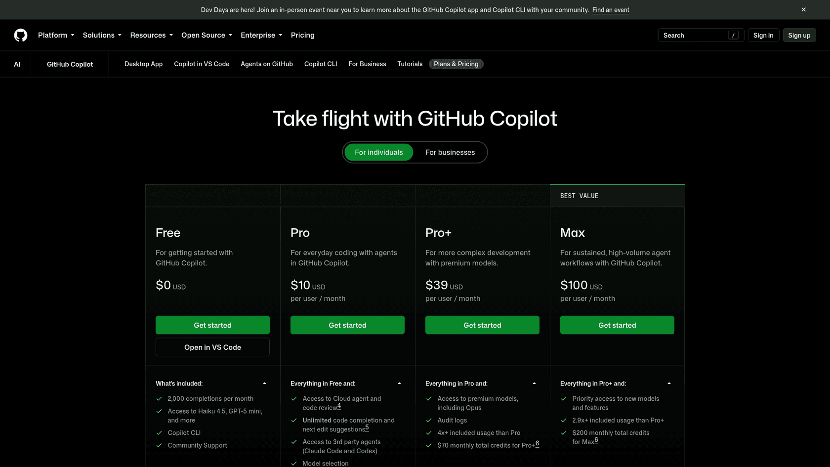 GitHub Copilot plans page showing the Free, Pro, Pro+ and Max tiers, as taken from GitHub
