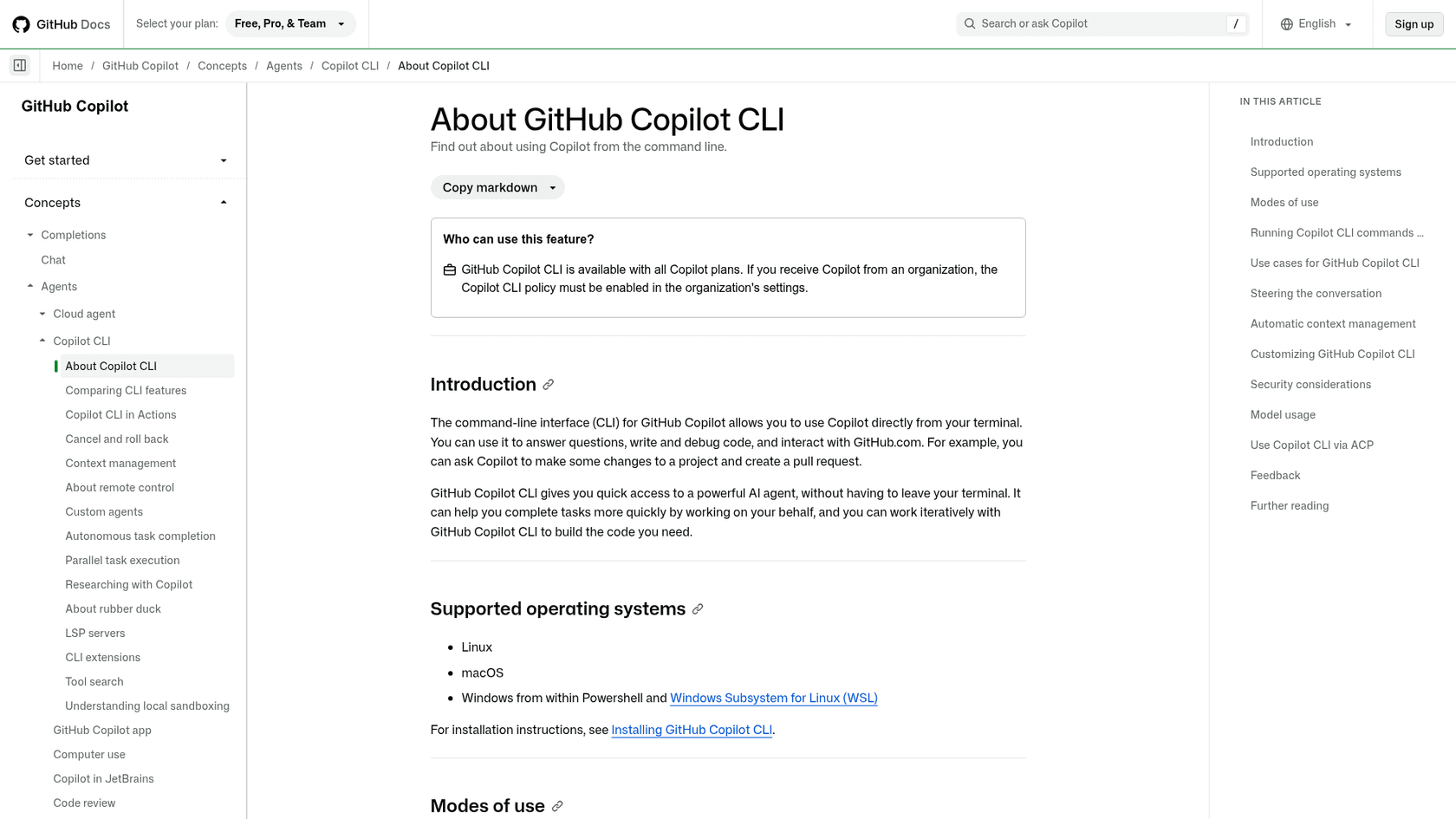 The About GitHub Copilot CLI documentation page, as taken from the GitHub Docs.