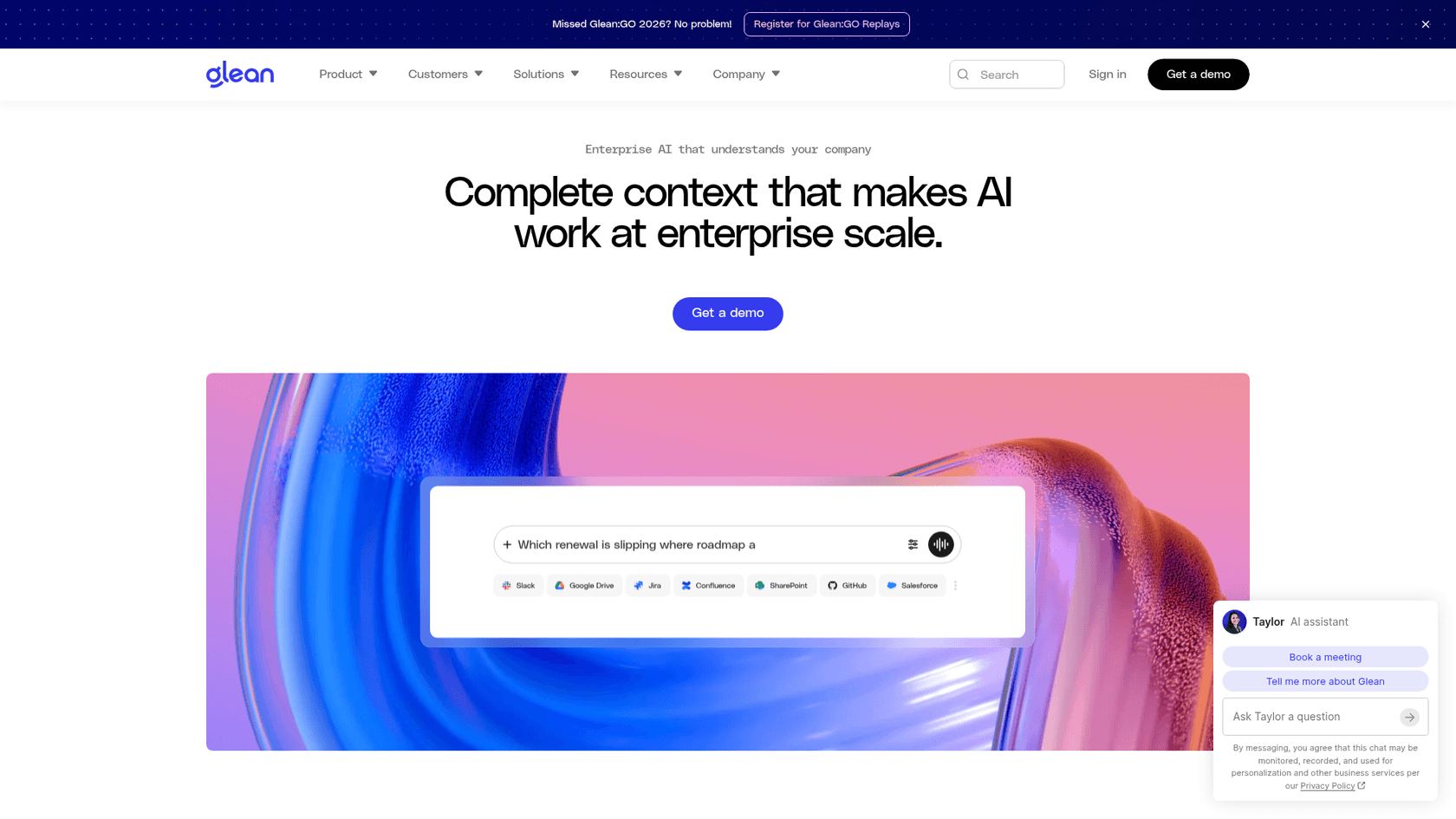 Glean's homepage, where the main call to action is Get a demo, as taken from Glean