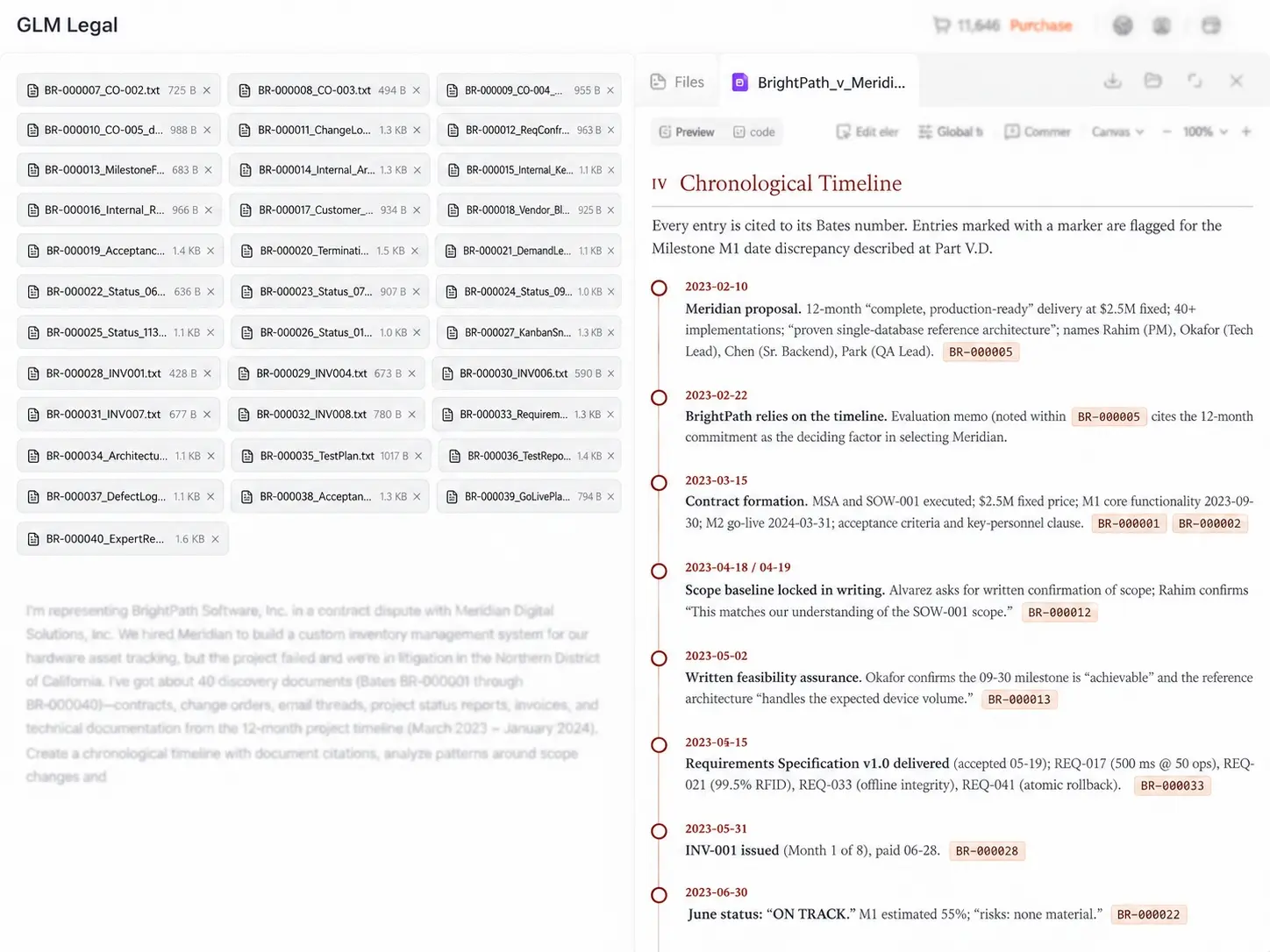 GLM-Legal's chronological timeline for a contract dispute, with each event cited to a Bates-numbered source document, as shown on the Z.ai blog