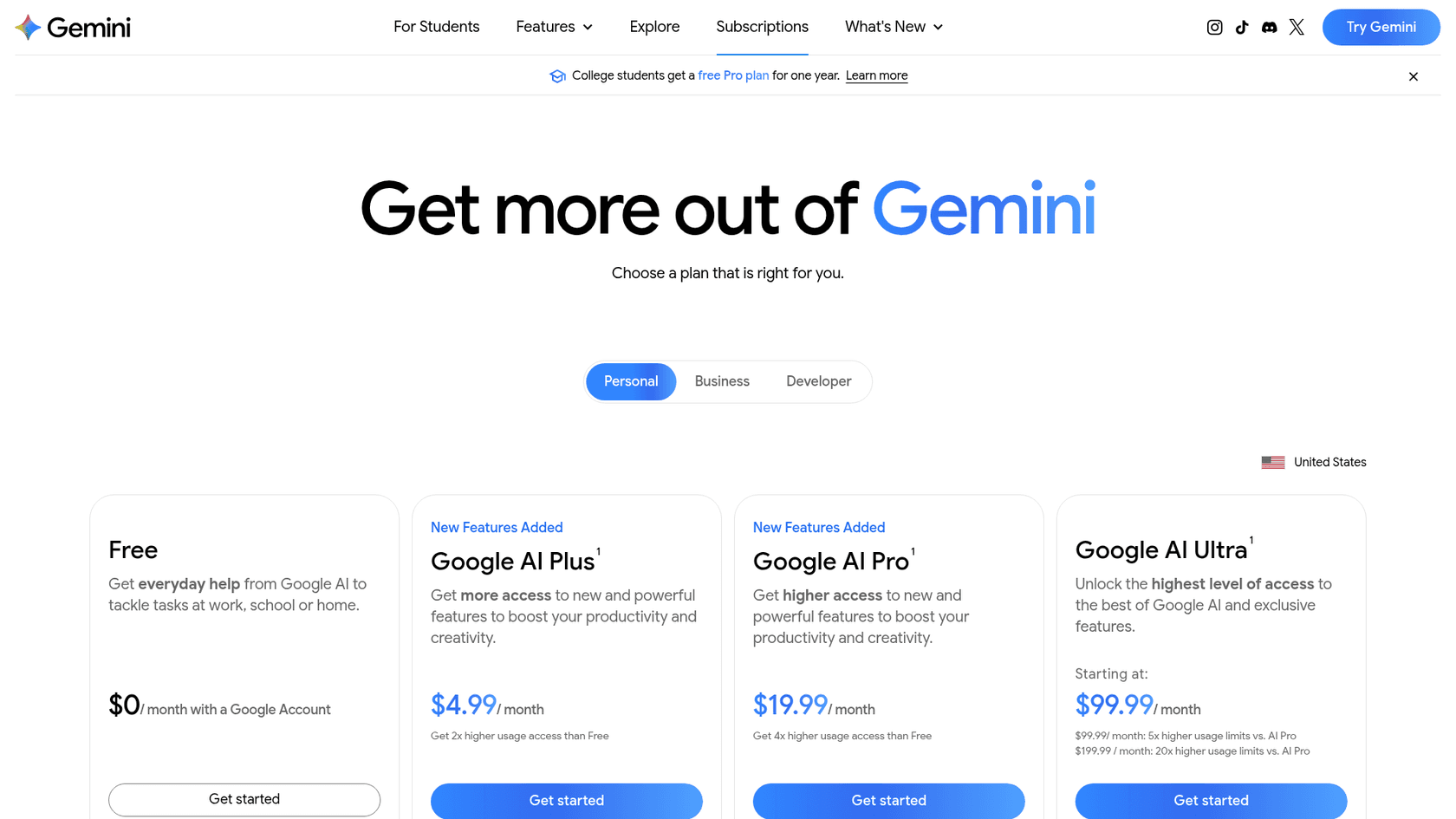 Gemini subscription tiers from free to Google AI Ultra, as taken from Google's Gemini subscriptions page