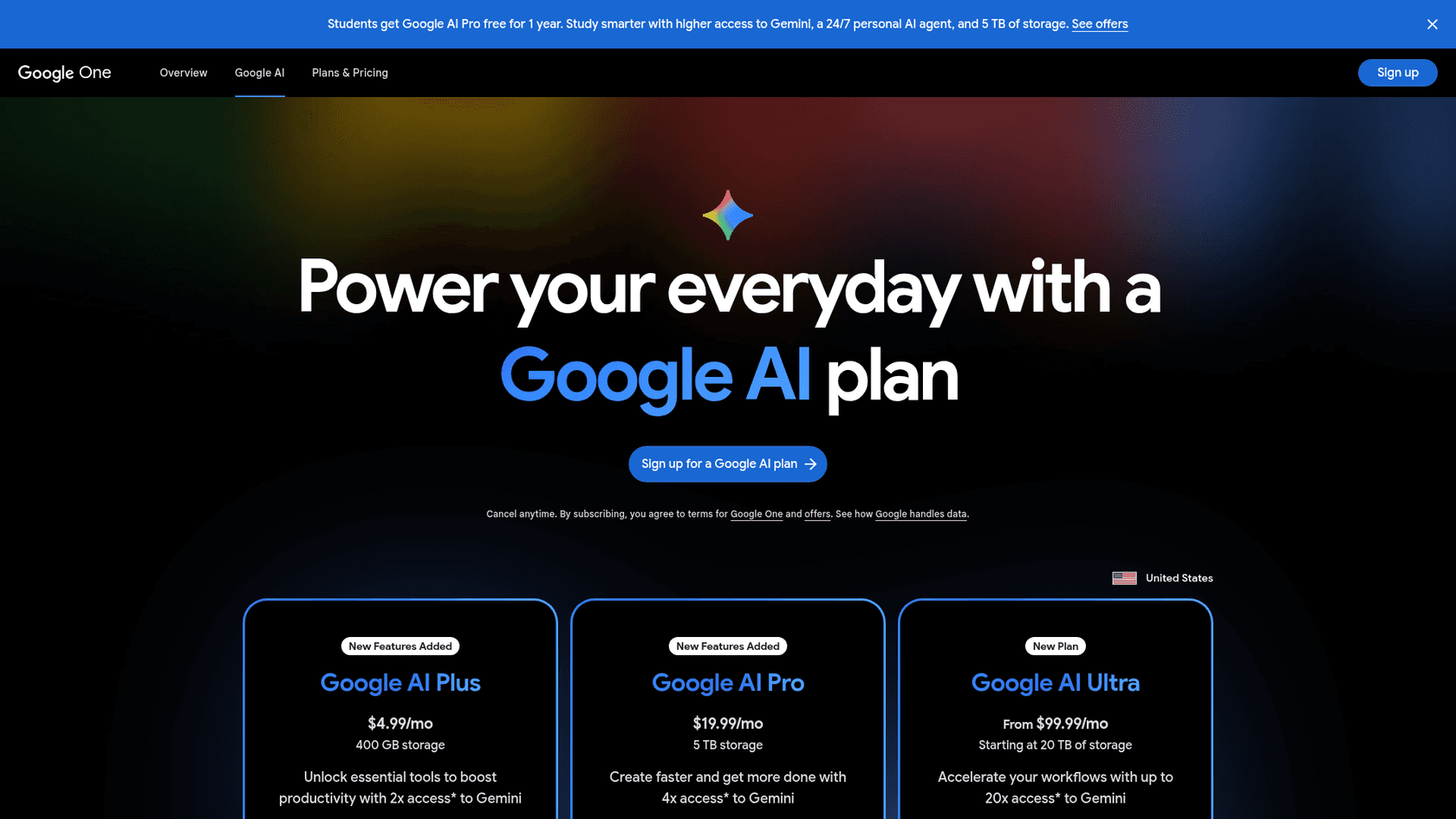 Google One's Google AI plans page listing Google AI Plus, Pro and Ultra, as taken from Google One