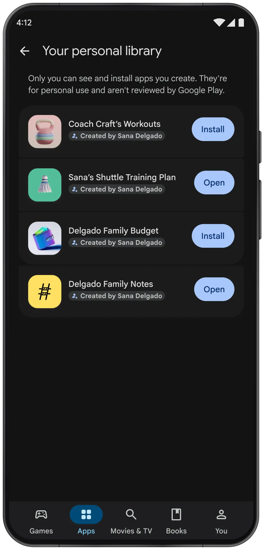 Google Play's Your personal library screen listing four apps created by one user, with a note that only you can see and install apps you create and they aren't reviewed by Google Play, as shown on the Google blog