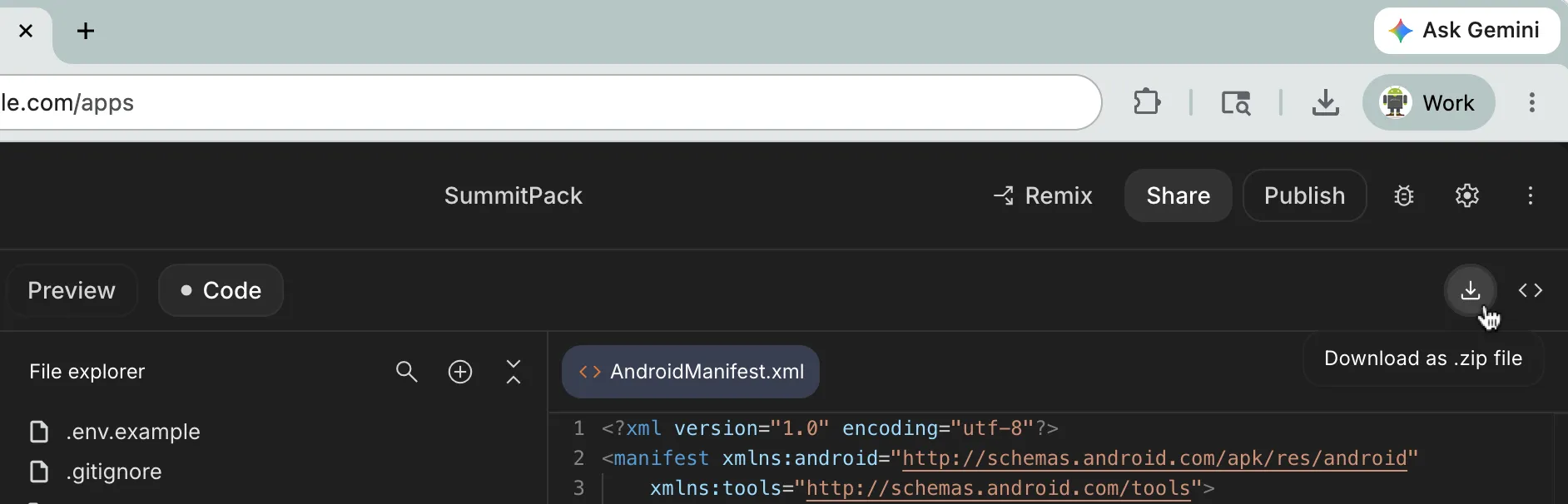 AI Studio's Code tab for the SummitPack app, showing the file explorer, AndroidManifest.xml open, and a Download as .zip file tooltip, as shown on the Android Developers blog