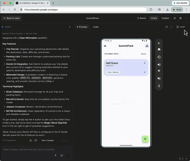 AI Studio's Build view for an app called SummitPack, with the agent's feature summary on the left and the app running in the Android emulator beside an Install button, as shown on the Android Developers blog