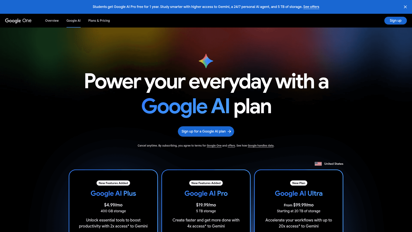 The Google AI plans page showing Google AI Plus at $4.99, Pro at $19.99 and Ultra from $99.99 a month, as taken from Google One
