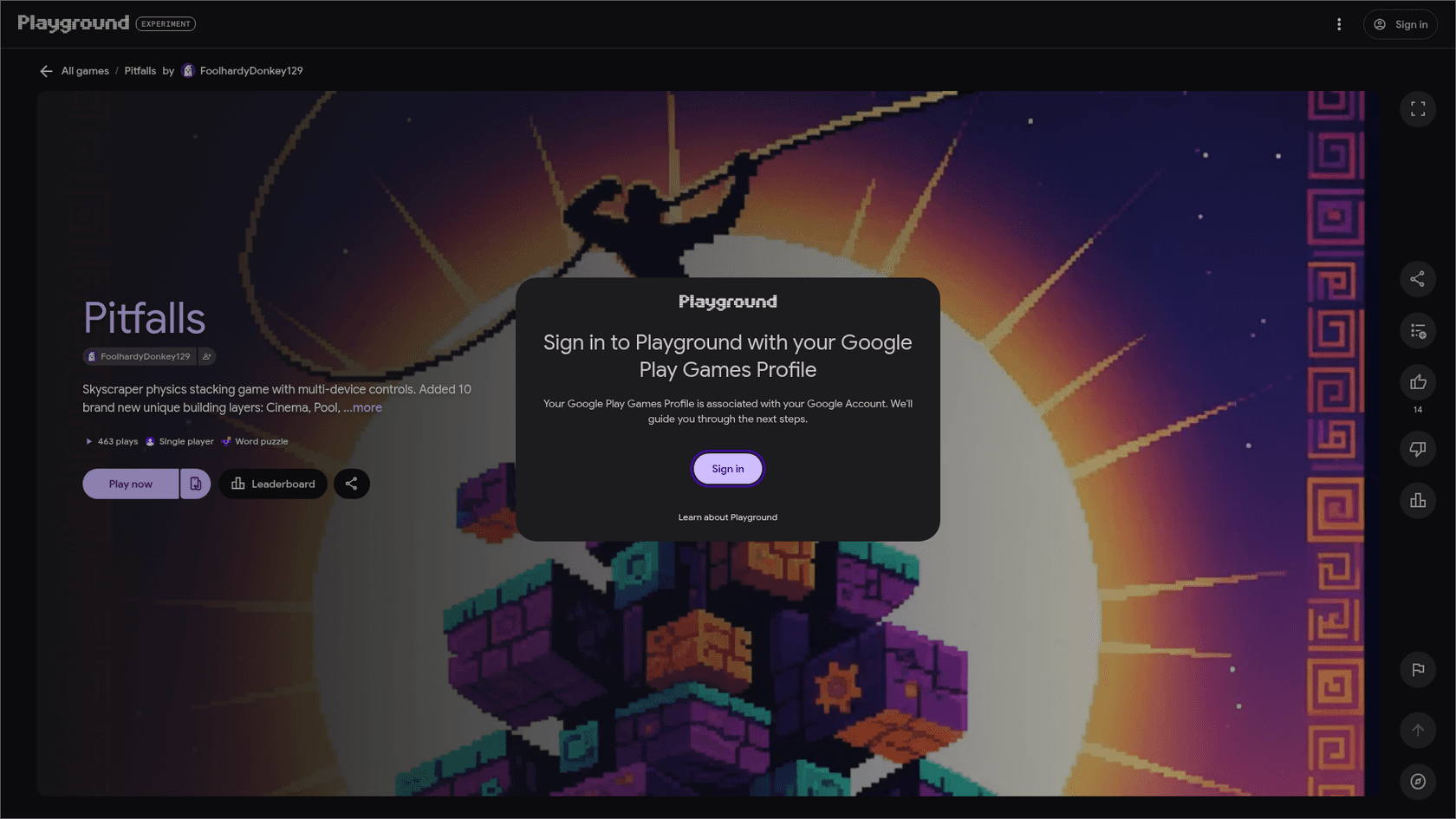 A community game page in Playground showing Pitfalls, a skyscraper stacking game with 463 plays, a Leaderboard button and the Play Games profile sign-in prompt, as taken from Playground