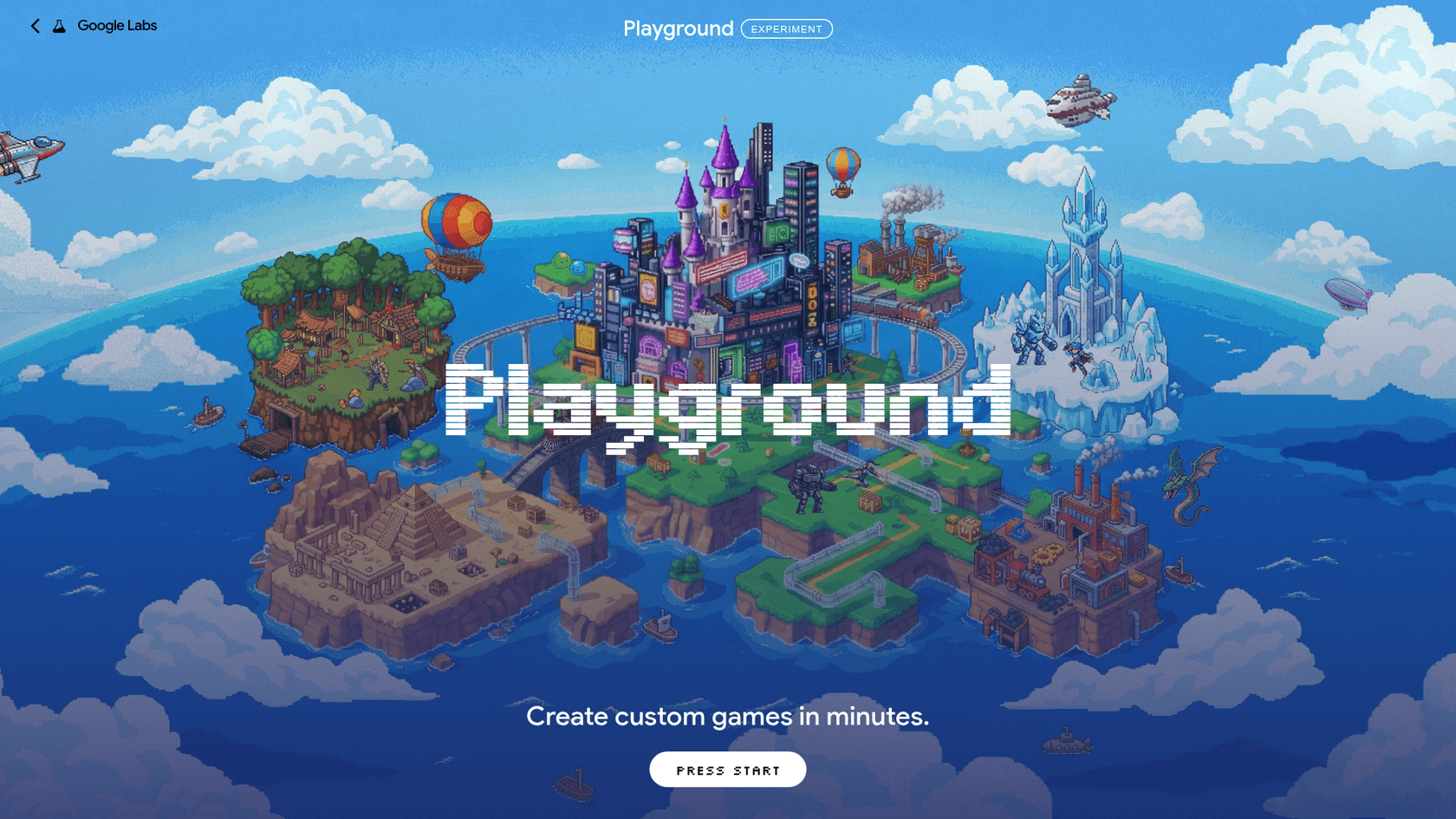 The Google Labs Playground landing page with its pixel-art island world and Press Start button, as taken from Google Labs