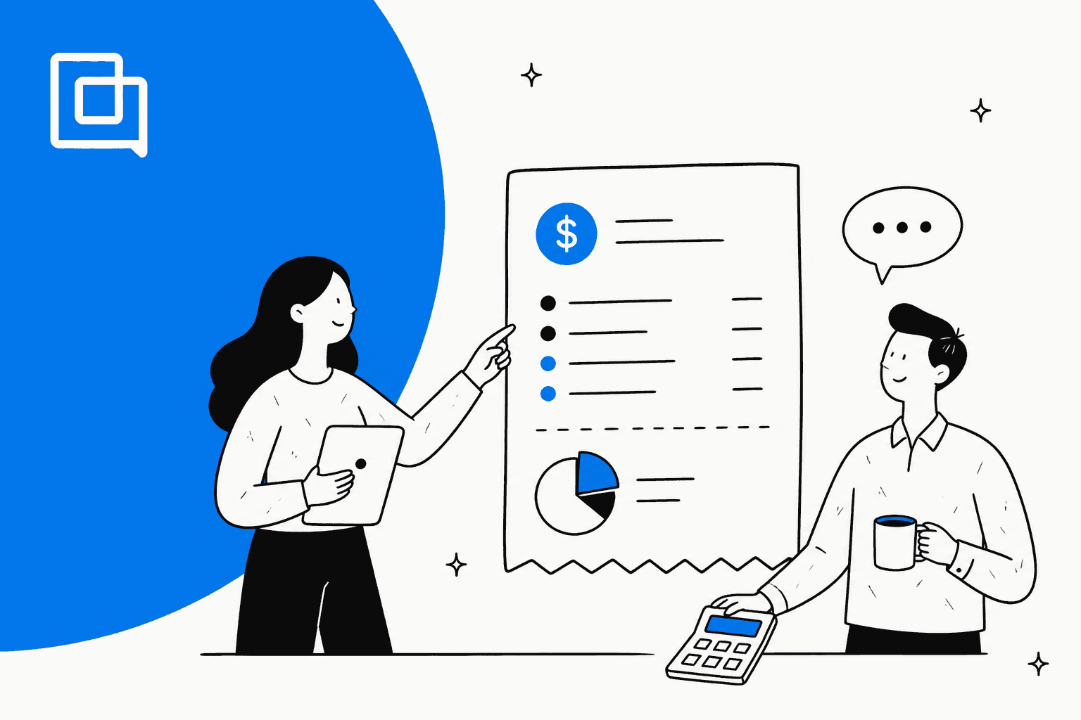 Illustration of two people reviewing a Gorgias AI agent pricing bill with a calculator