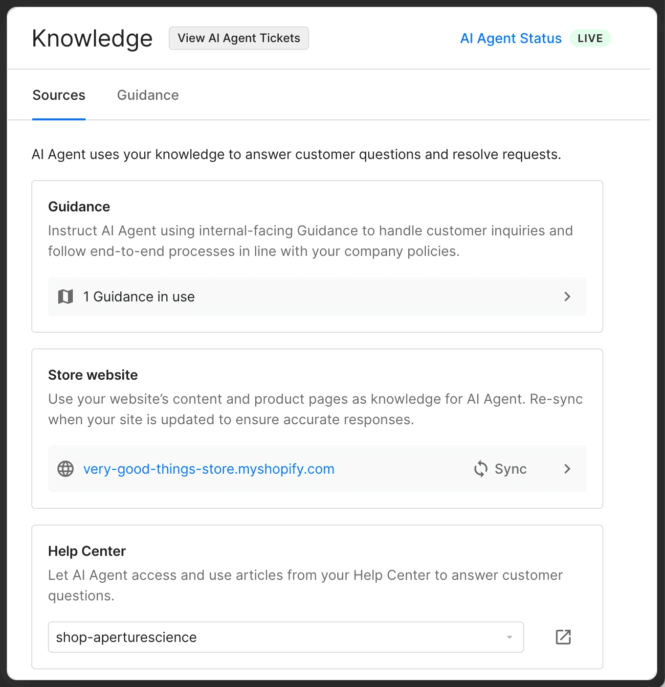 Gorgias AI Agent knowledge sources configuration panel