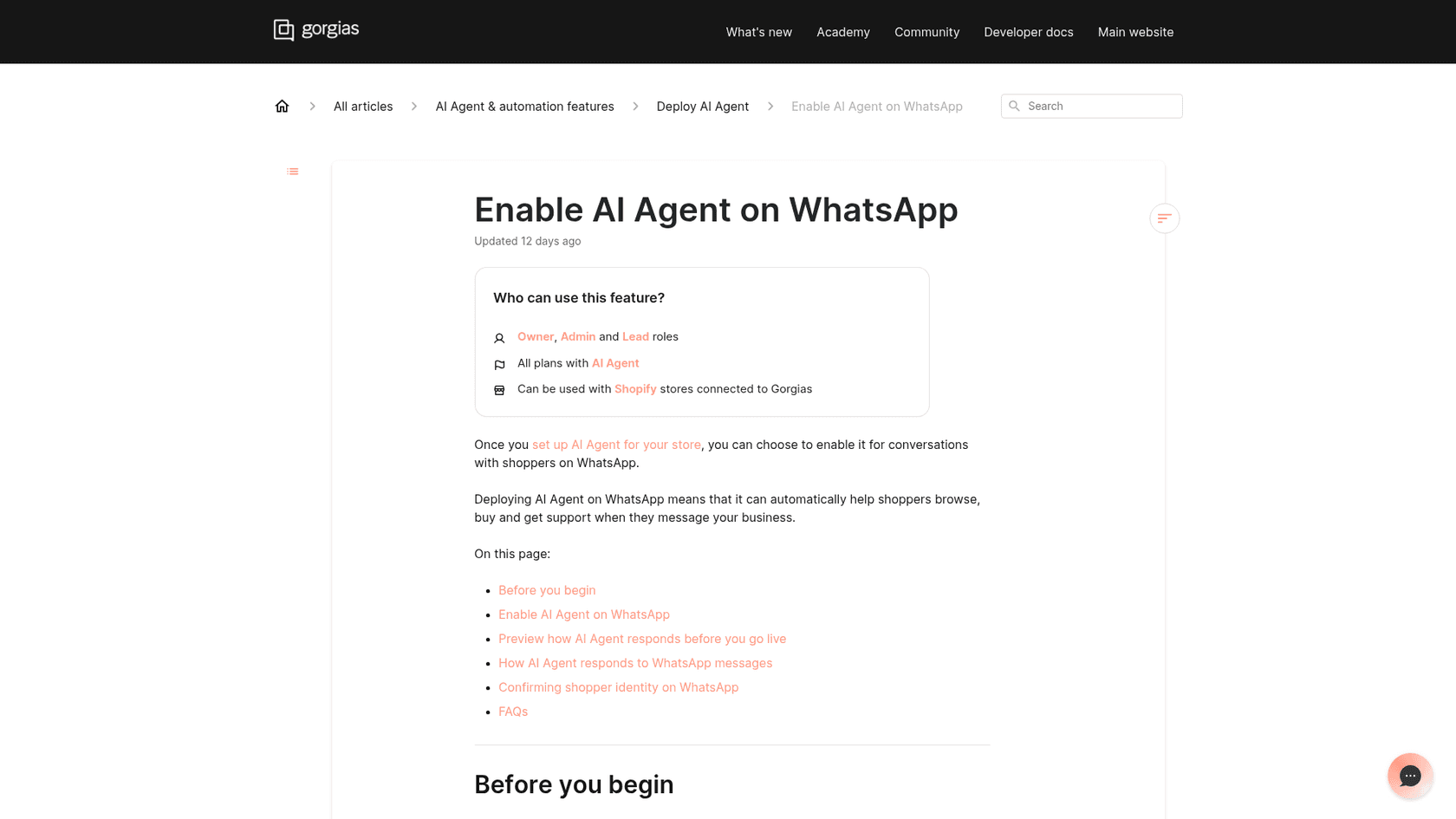 Gorgias help article for enabling AI Agent on WhatsApp, available for Shopify stores connected to Gorgias, as taken from the Gorgias Help Center