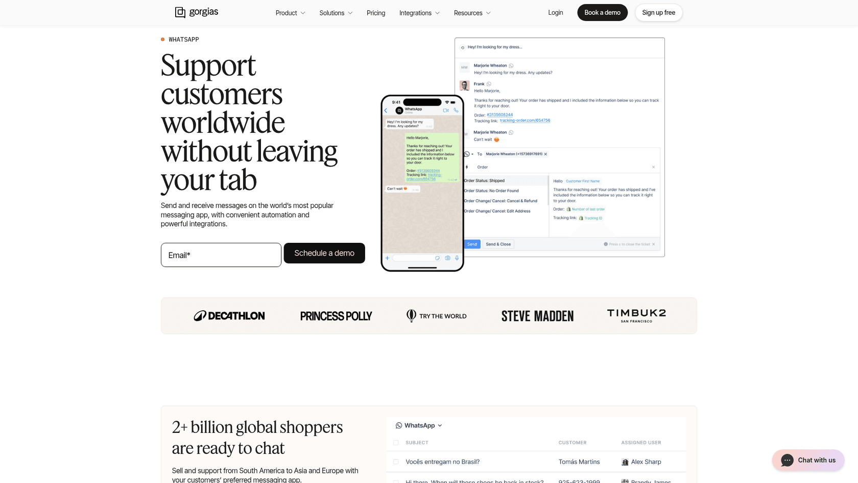 Gorgias's WhatsApp page showing a WhatsApp chat next to the Gorgias ticket view, with the headline Support customers worldwide without leaving your tab, as taken from Gorgias