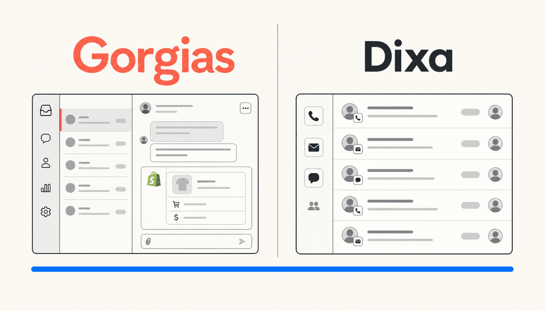 Gorgias vs Dixa comparison illustration showing two helpdesk UI panels side by side on a warm off-white background