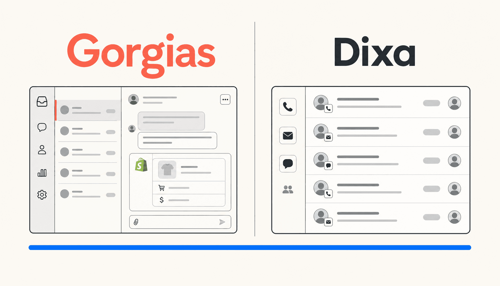 Gorgias vs Dixa comparison illustration showing two helpdesk UI panels side by side on a warm off-white background