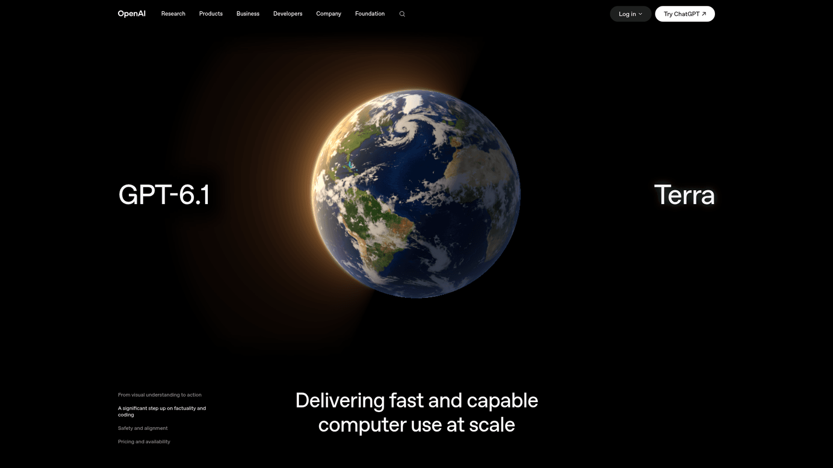 The GPT-6.1 Terra launch page on OpenAI's site, showing the "GPT-6.1 Terra" title around an image of Earth and the line "Delivering fast and capable computer use at scale," captured from OpenAI