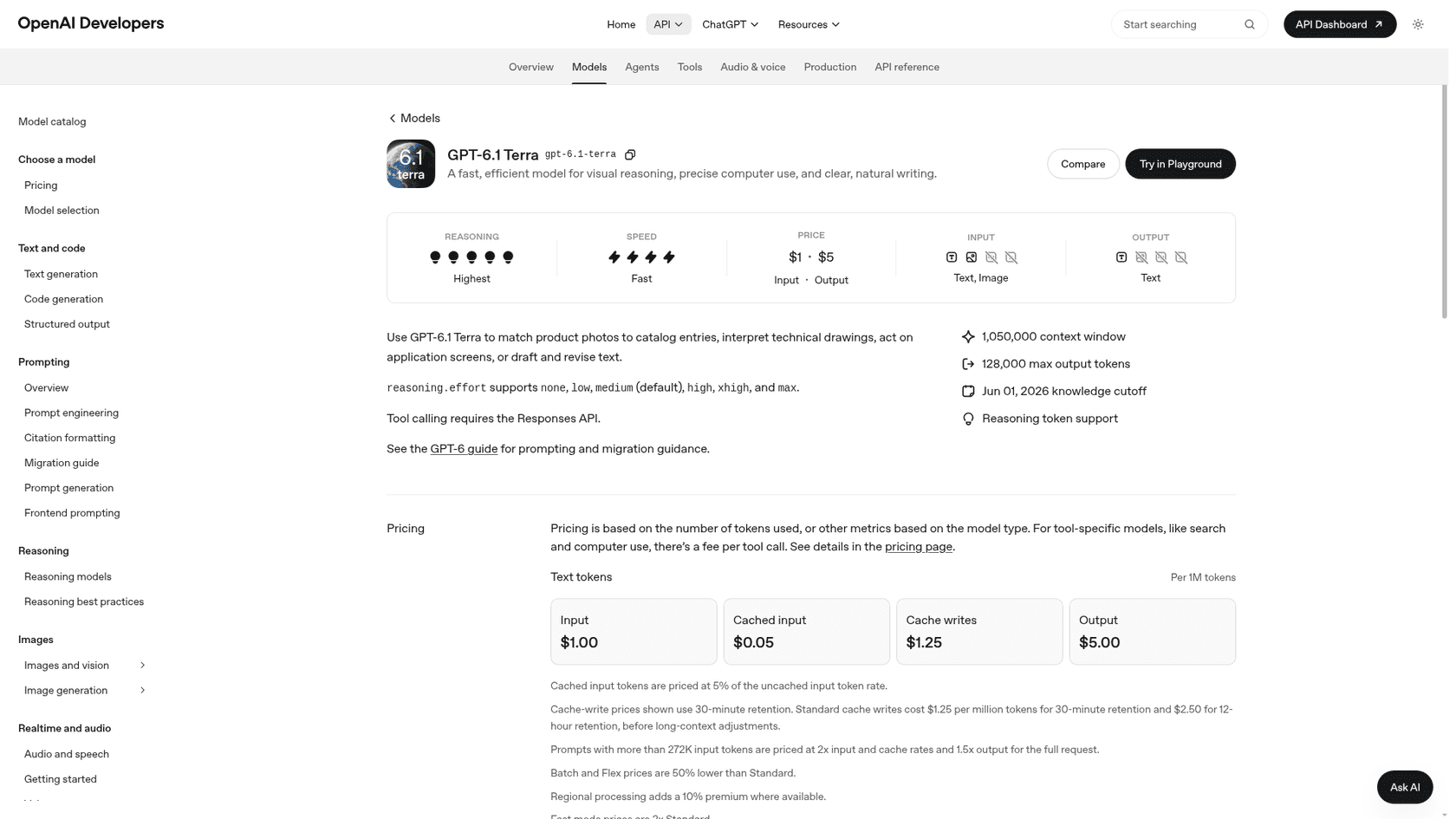 The GPT-6.1 Terra model page on OpenAI Developers, showing the $1 and $5 price, text and image input, the 1,050,000 context window, the Jun 01, 2026 knowledge cutoff, and the reasoning effort options, captured from OpenAI Developers