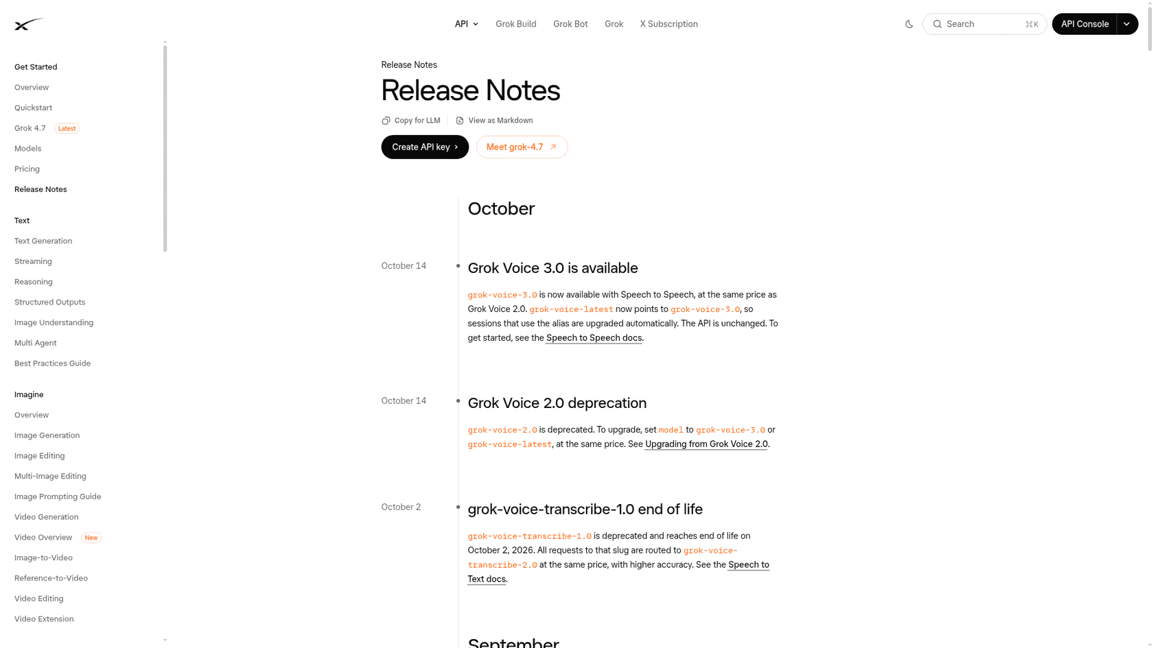 xAI's release notes page with two October 14 entries: Grok Voice 3.0 is available at the same price with grok-voice-latest now pointing to it, and Grok Voice 2.0 deprecation, as taken from xAI docs
