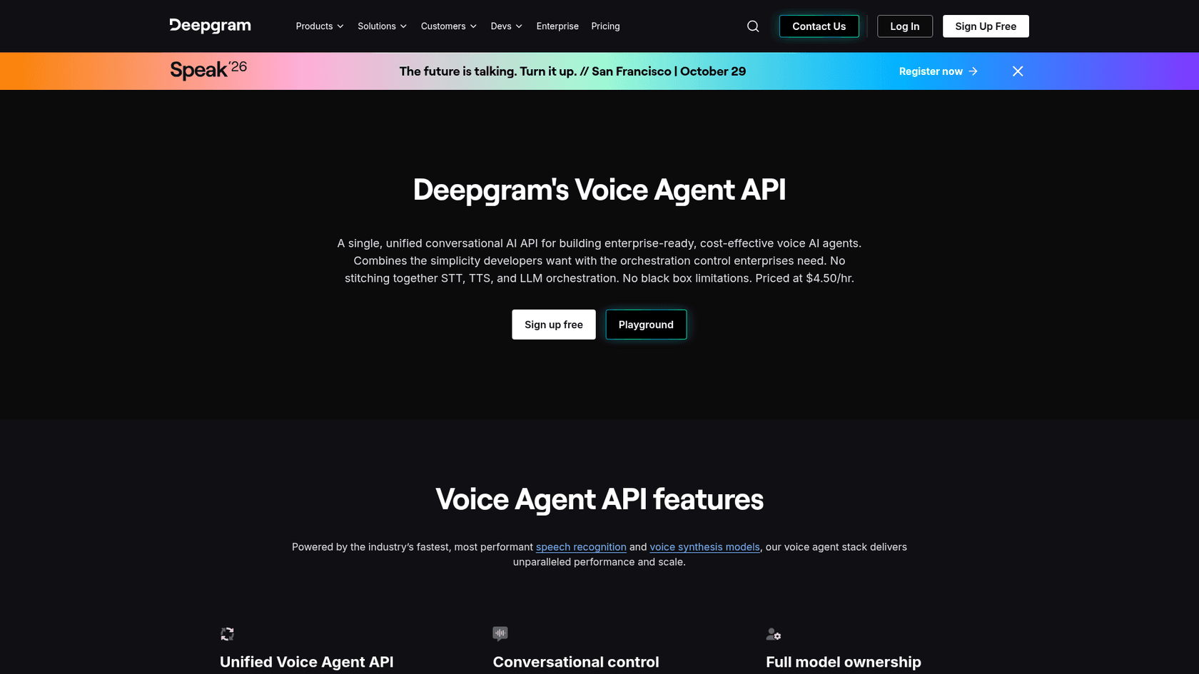 Deepgram's Voice Agent API product page describing a single unified conversational AI API that combines speech-to-text, text-to-speech and LLM orchestration, priced at $4.50 per hour, as taken from Deepgram's site