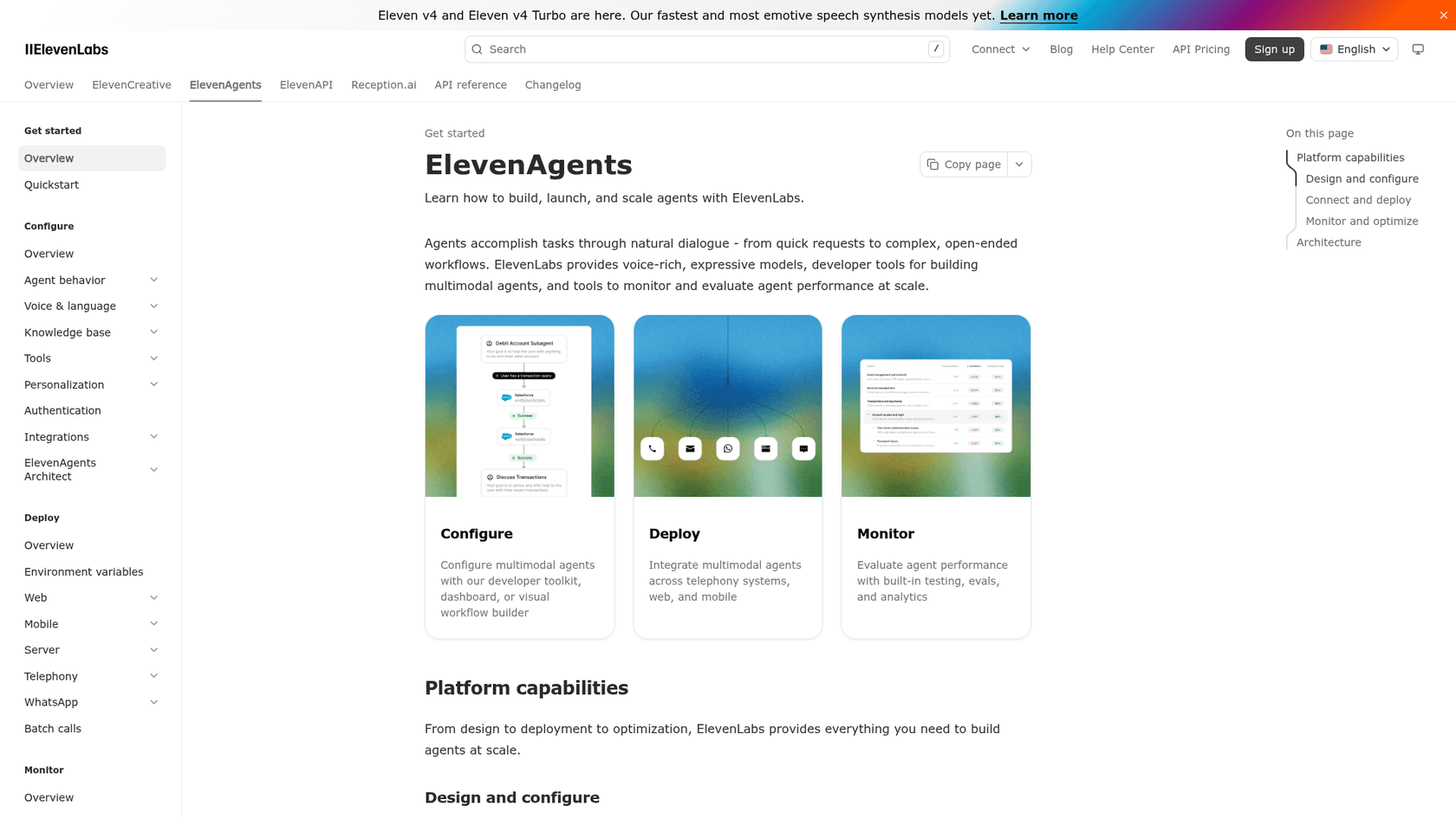 The ElevenAgents overview page in ElevenLabs' docs, with cards for configure, deploy across telephony, web and mobile, and monitor with built-in testing and analytics, as taken from ElevenLabs' docs