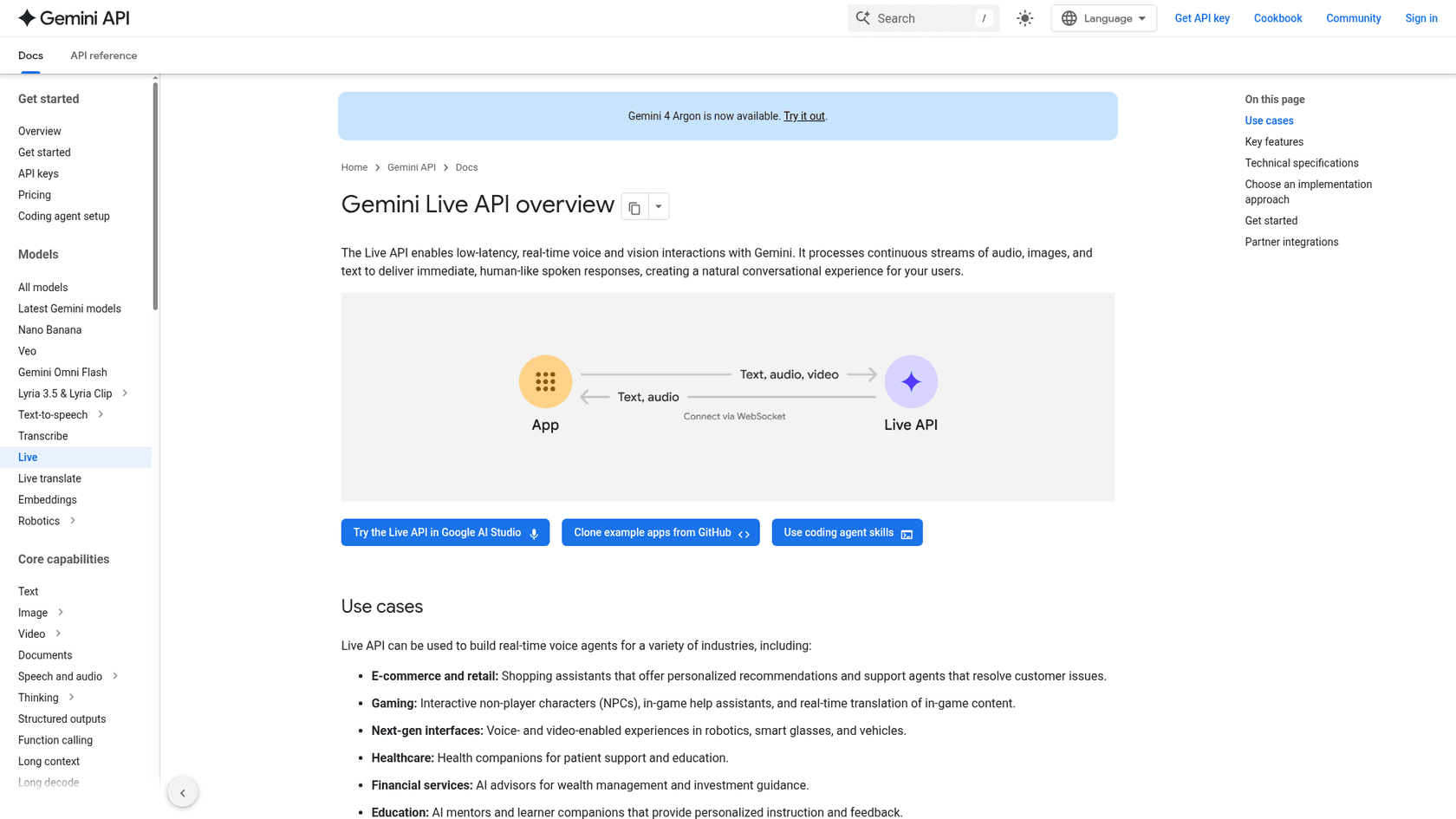 The Gemini Live API overview page in Google's developer docs, showing an app connected to the Live API over WebSocket with text, audio and video flowing in and text and audio flowing back, as taken from the Gemini API docs