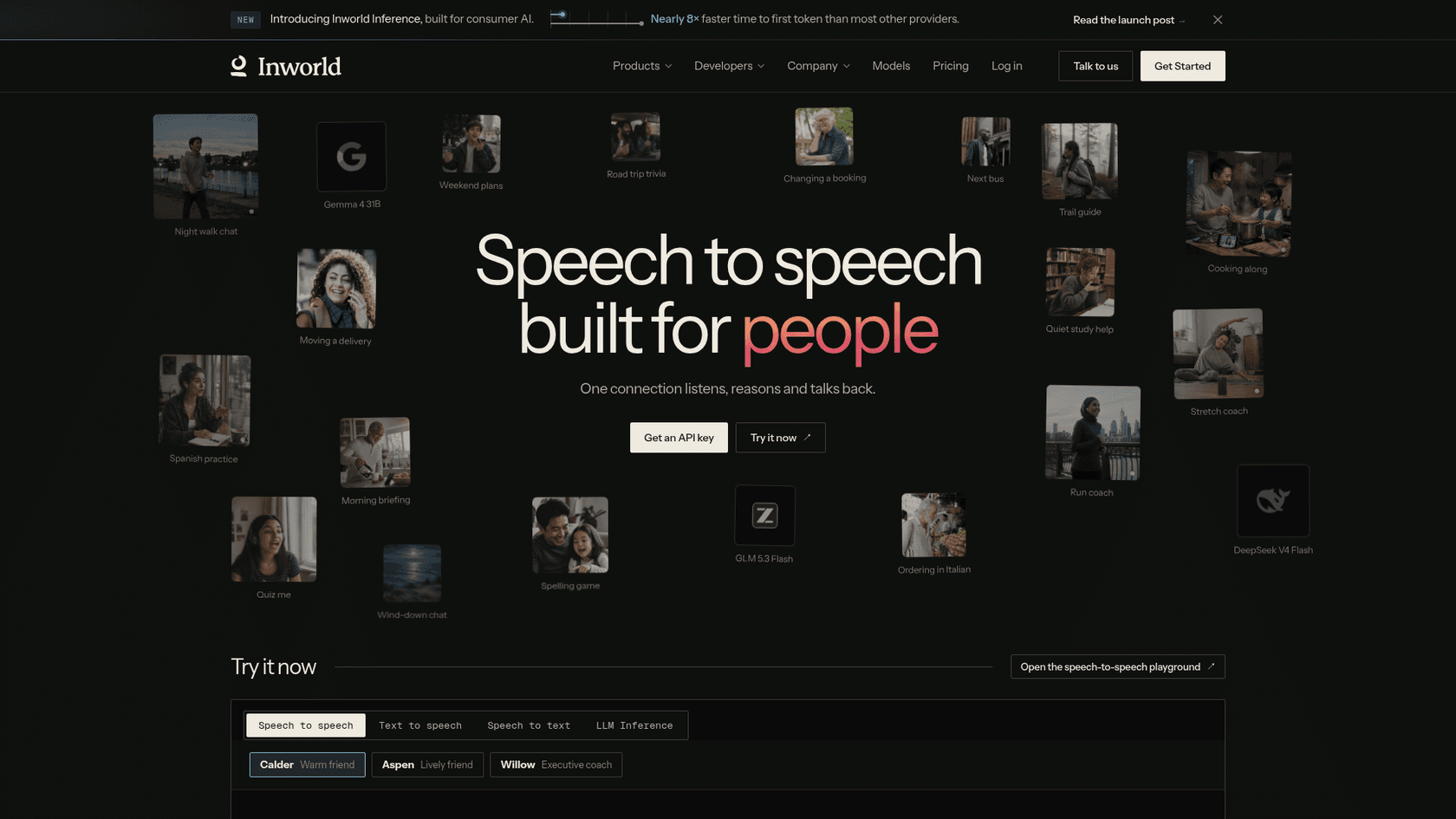 Inworld's speech to speech product page with the headline speech to speech built for people and a Try it now panel listing speech to speech, text to speech, speech to text and LLM inference tabs, as taken from Inworld's site