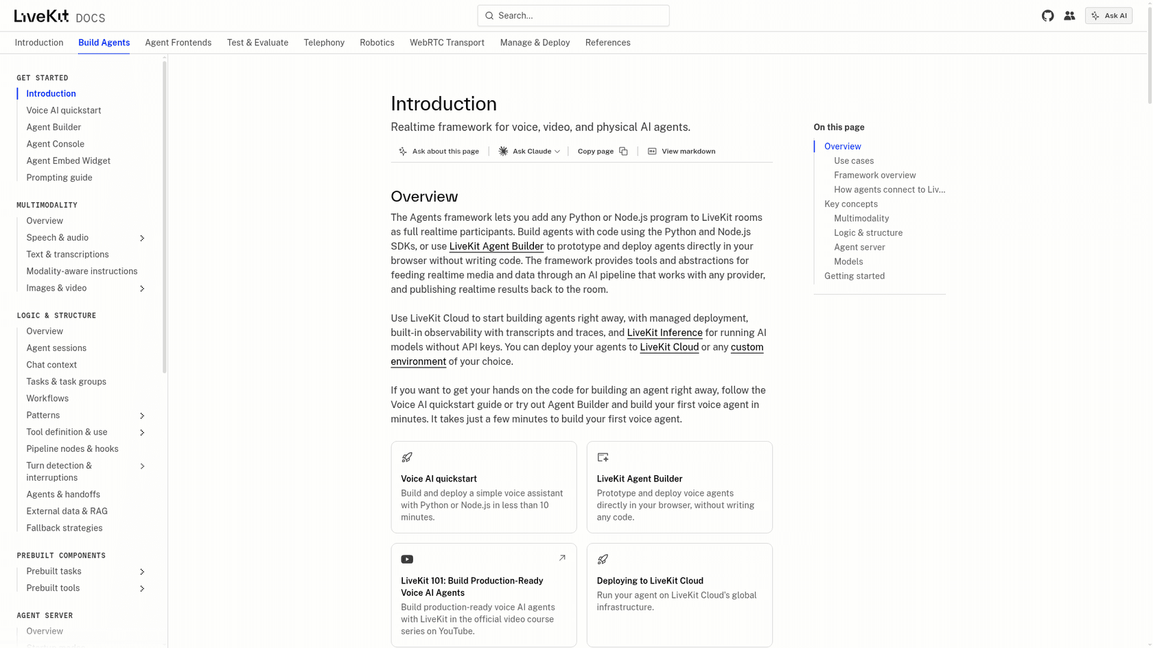 The LiveKit Agents docs introduction page, describing a realtime framework for voice, video and physical AI agents with links to the Voice AI quickstart and the no-code Agent Builder, as taken from LiveKit's docs