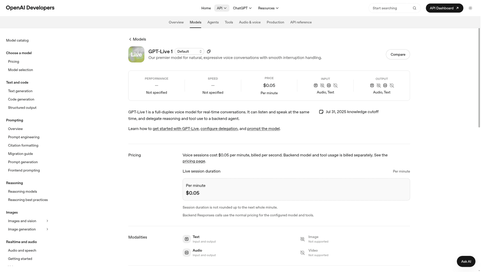 The OpenAI developer docs model page for GPT-Live 1, showing $0.05 per minute billed per second, audio and text input and output, and a Jul 31, 2025 knowledge cutoff, as taken from OpenAI's model catalog