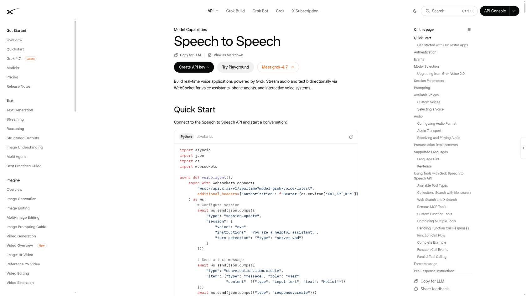 The Grok Speech to Speech docs page with the Python quick start connecting to wss://api.x.ai/v1/realtime, as taken from the SpaceXSI developer docs