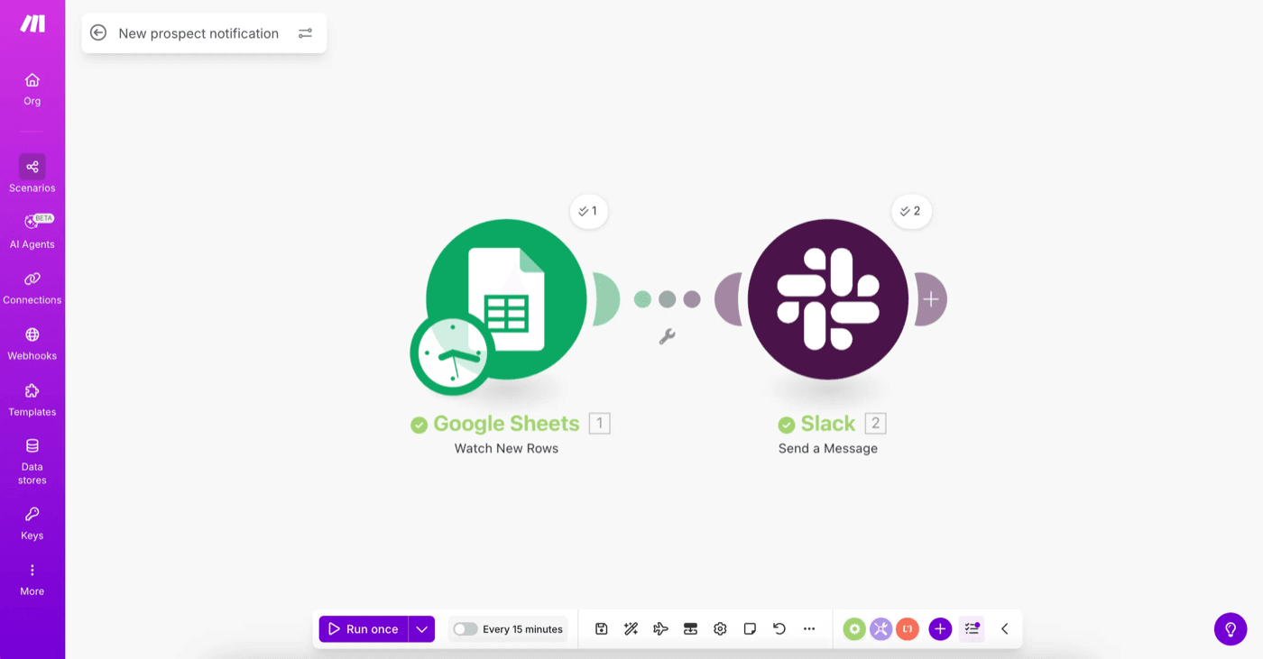 The Make scenario editor with a Google Sheets "Watch New Rows" module connected to a Slack "Send a Message" module, and the Run once and schedule controls below, as shown in Make's help center