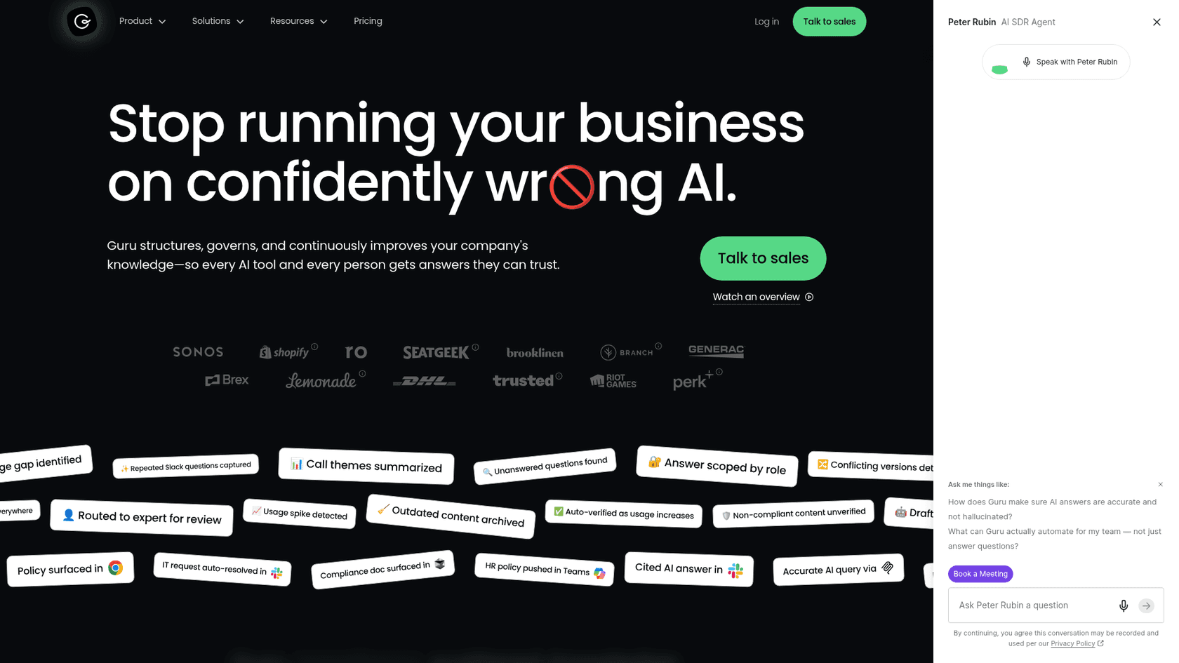 Guru homepage showing its AI knowledge layer and verification prompts, as taken from Guru