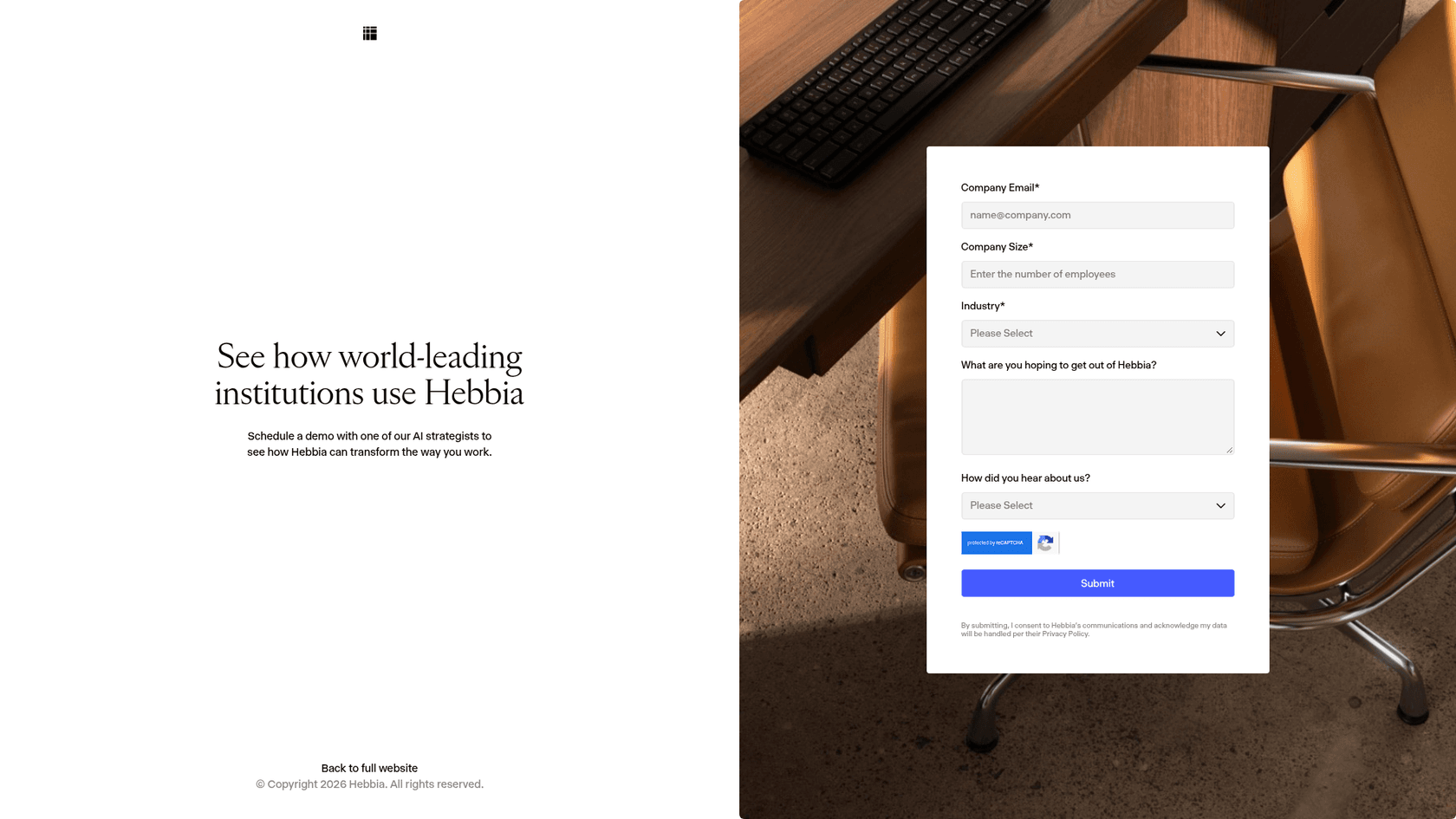 Hebbia's demo request page, which invites visitors to schedule a demo with an AI strategist, as seen on Hebbia's site
