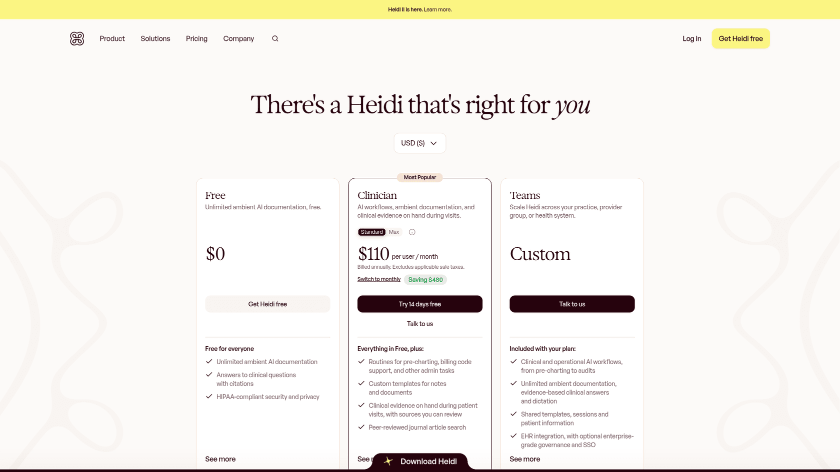 Heidi pricing page with Free, Clinician and Teams plans, as taken from Heidi