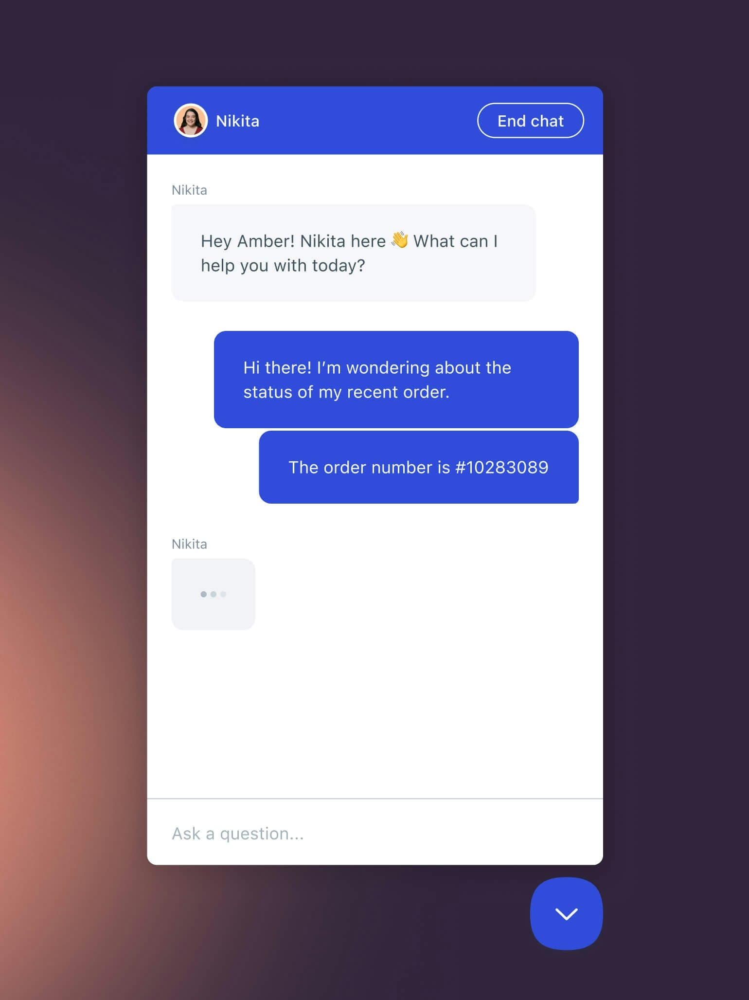 Widget de chat Beacon do Help Scout lidando com uma pergunta de status de pedido