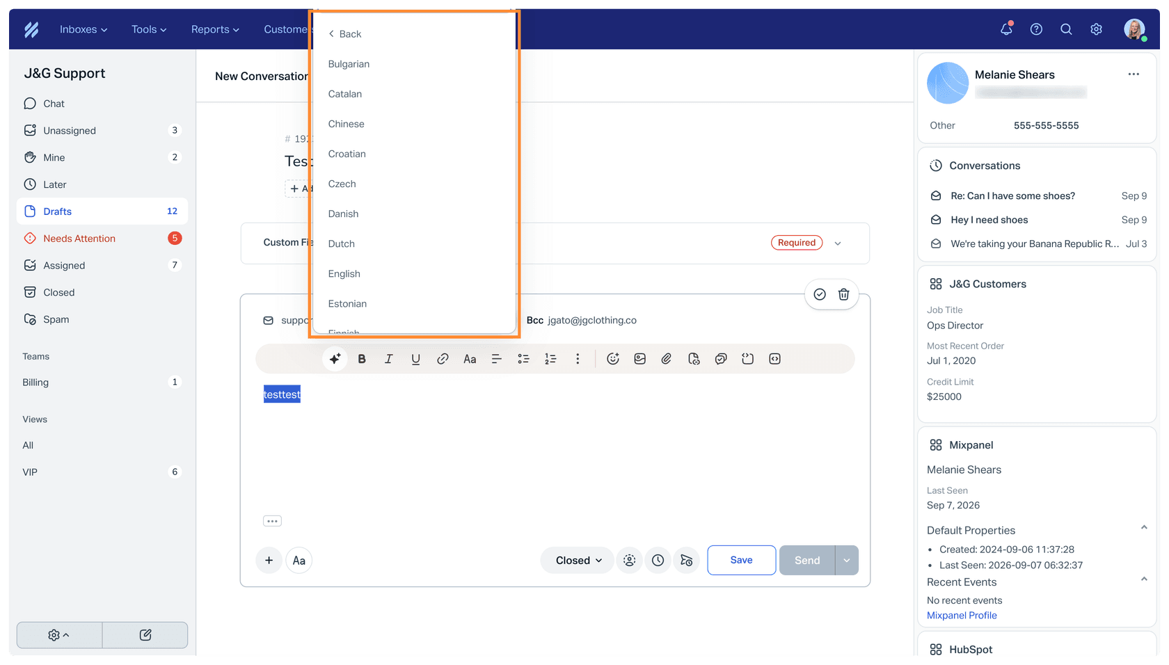 Help Scout's reply editor with text highlighted and the AI Assist Translate menu open, listing Bulgarian, Catalan, Chinese, Croatian, Czech, Danish, Dutch, English and Estonian, as taken from Help Scout's AI Assist guide