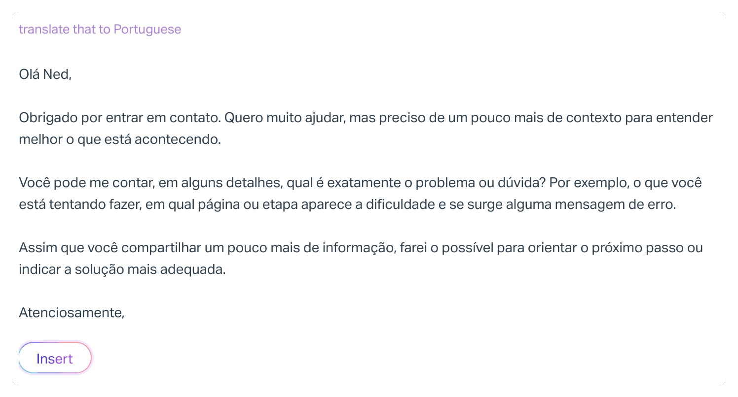 An AI Drafts prompt reading translate that to Portuguese, with the full reply rewritten in Portuguese below it and an Insert button, as taken from Help Scout's AI Drafts guide
