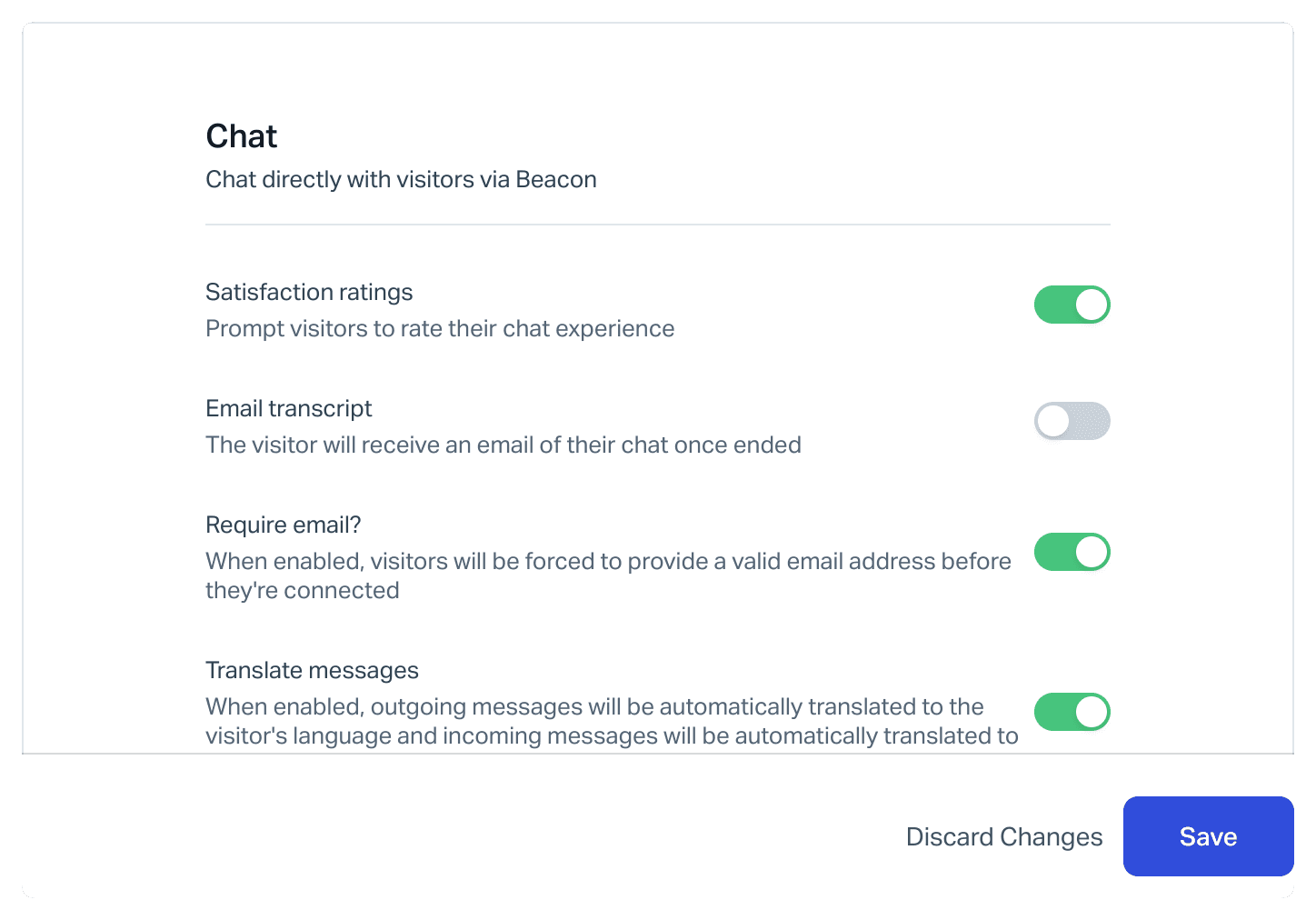 The Chat settings in a Help Scout Beacon with toggles for Satisfaction ratings, Email transcript, Require email and Translate messages, which is switched on, as taken from Help Scout's Automatic Translations guide