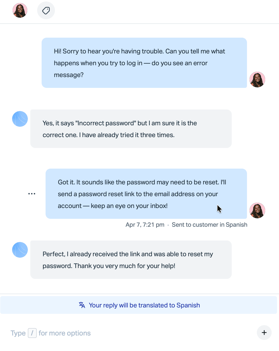 A Help Scout chat where the customer's messages appear in English, the agent's reply is marked Sent to customer in Spanish, and a banner above the reply box reads Your reply will be translated to Spanish, as taken from Help Scout's Automatic Translations guide