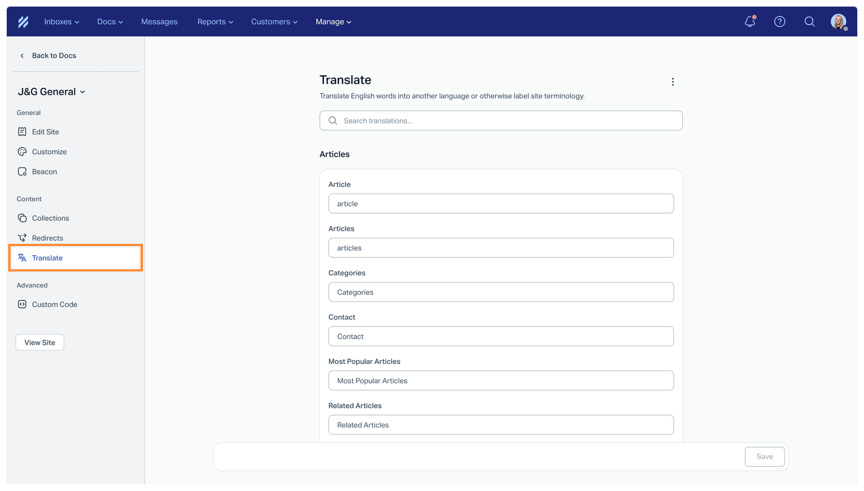 Help Scout's Docs site settings with the Translate tab selected and fields for site labels like Article, Articles, Categories, Contact and Most Popular Articles, as taken from Help Scout's Docs translation guide