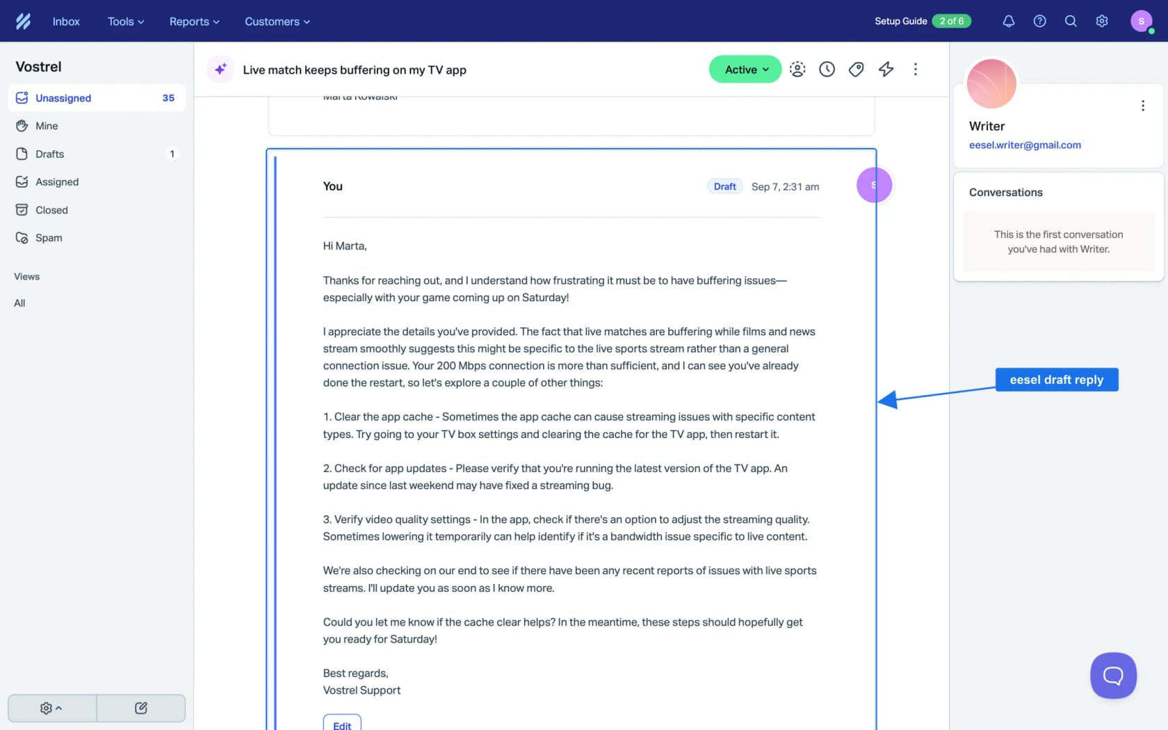 A Help Scout conversation scrolled to a reply labelled Draft, written by eesel from greeting to sign-off with an Edit button below, as shown in eesel's Help Scout setup docs