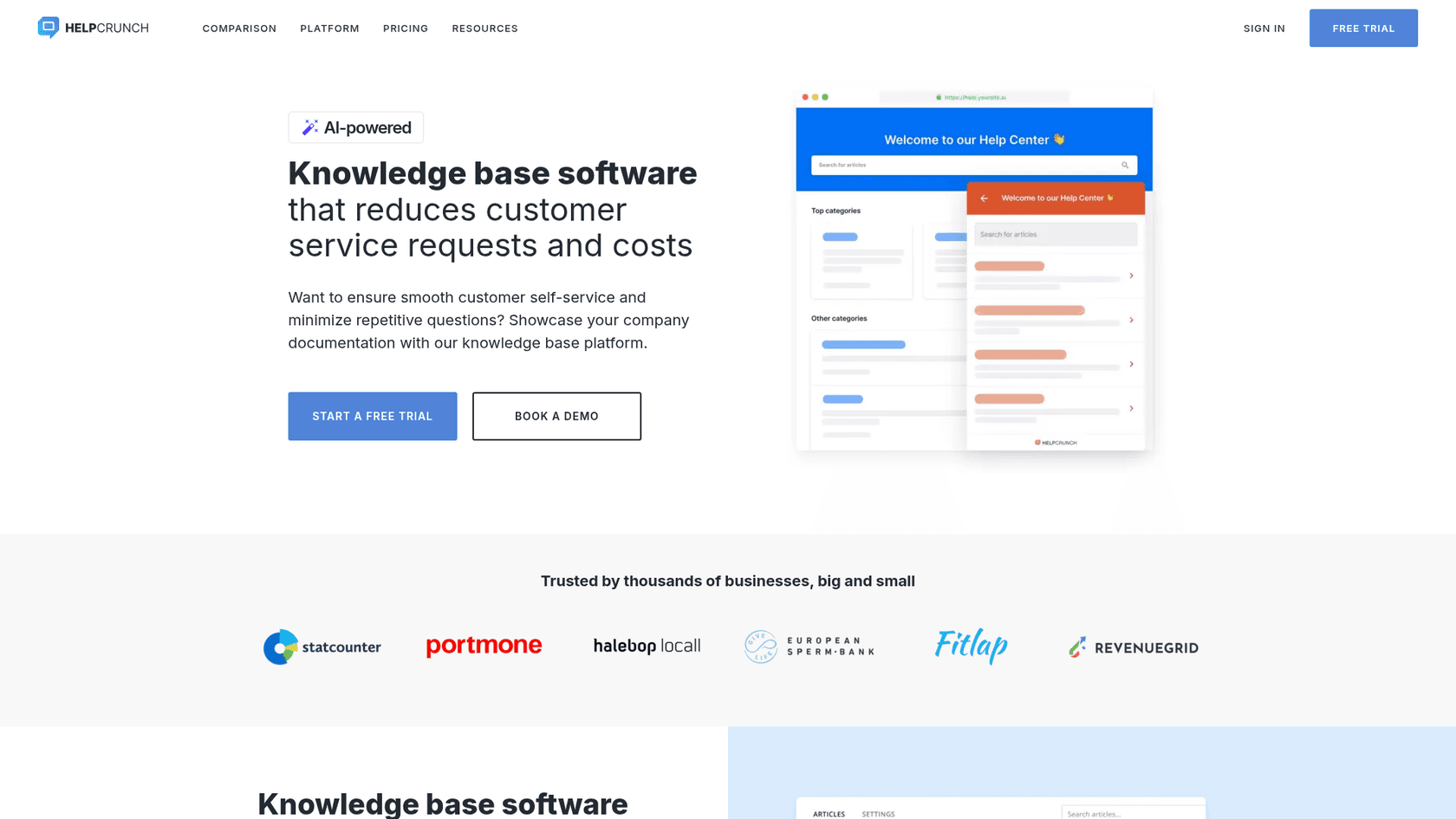 HelpCrunch knowledge base software page showing a help center preview, as seen on HelpCrunch